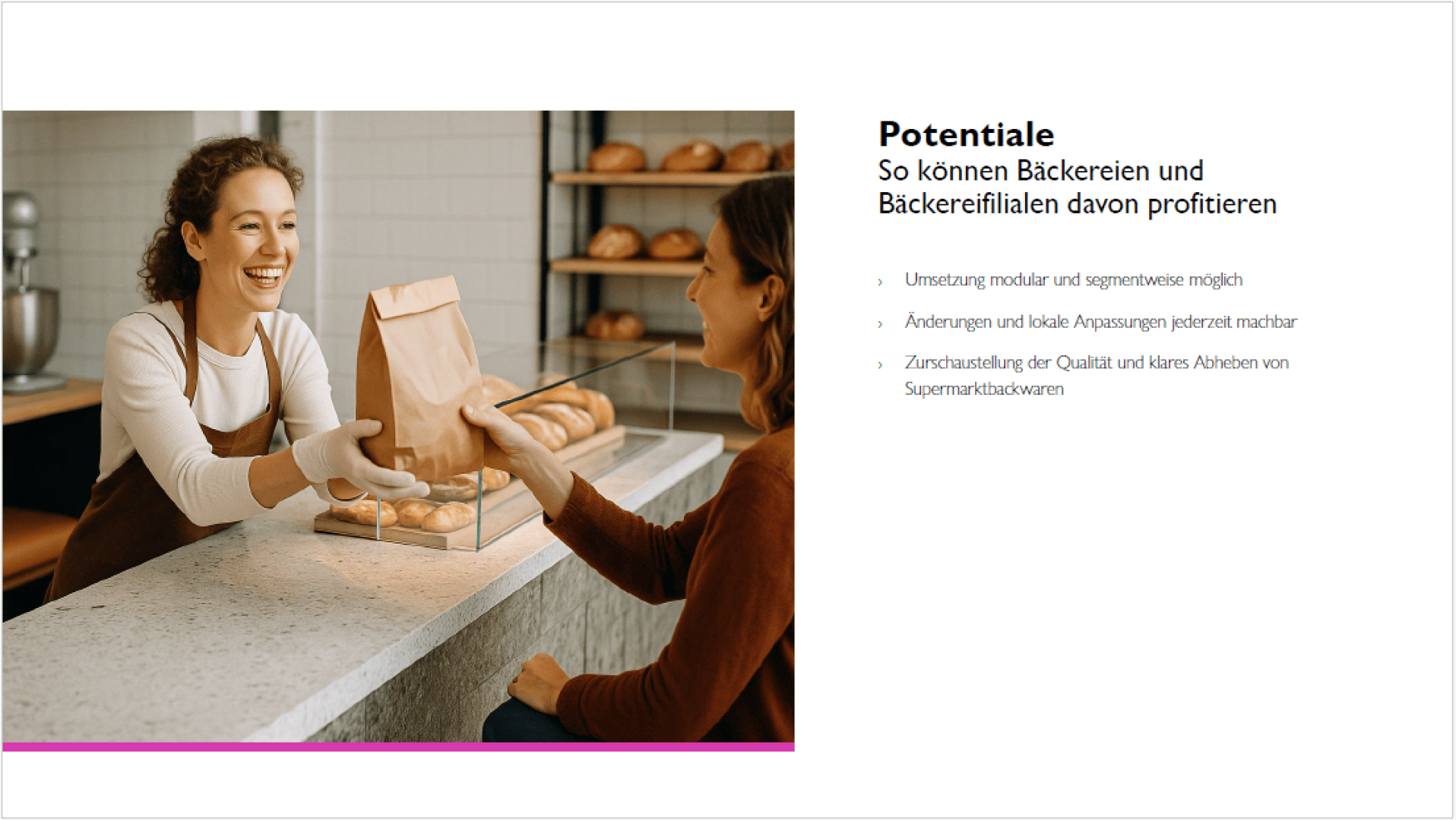 Eine lächelnde Bäckereimitarbeiterin reicht einem Kunden eine Papiertüte über die Theke hinweg, hinter der Brot ausgestellt ist. Rechts sind auf Deutsch die Vorteile für Bäckereien und Bäckereifilialen aufgeführt.