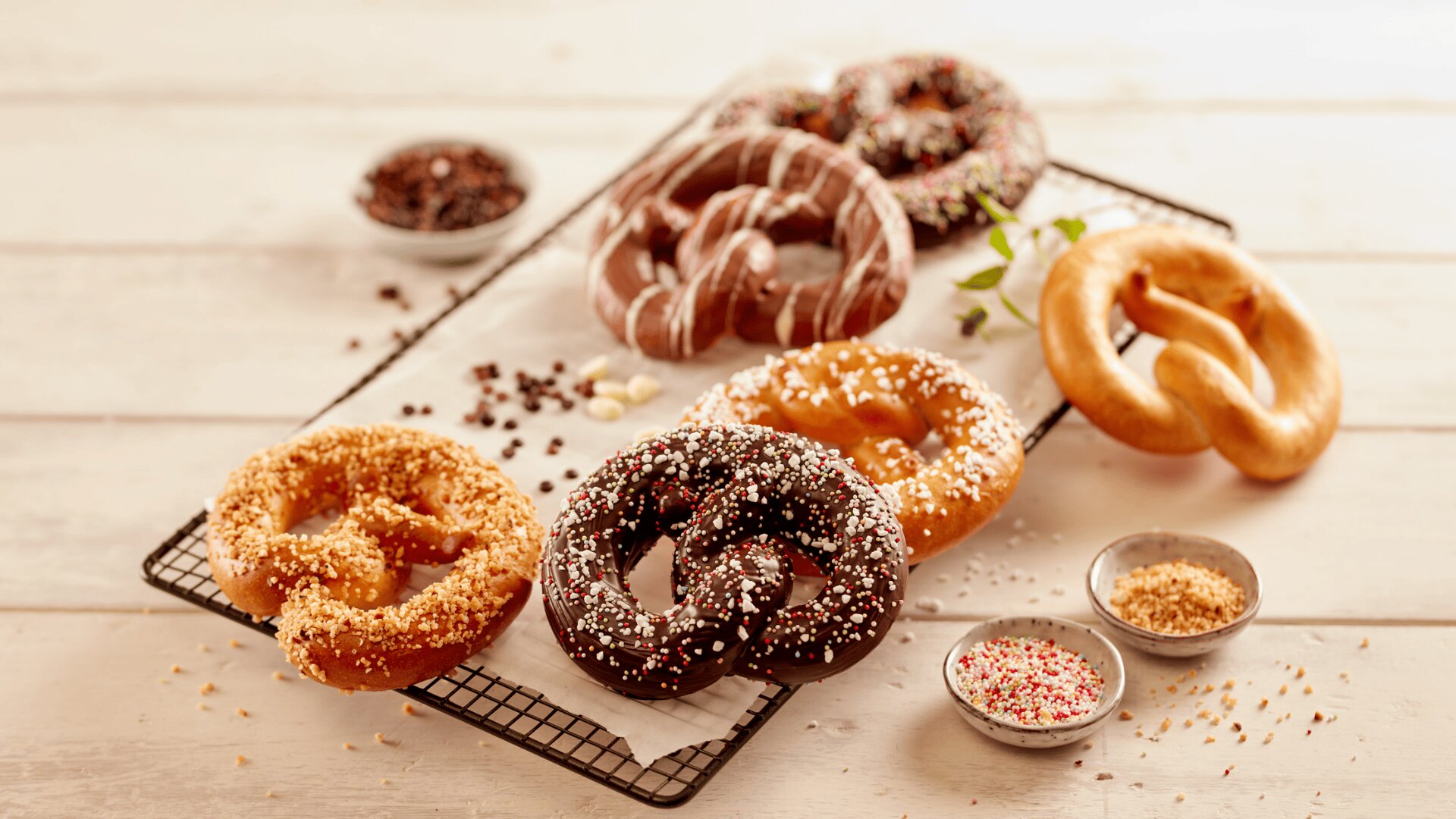 Auf einem Kühlregal liegen verschiedene Brezeln, die mit Schokolade, Streuseln und Nüssen belegt sind, sowie kleine Schälchen mit zusätzlichen Belägen auf einer hellen Holzfläche.