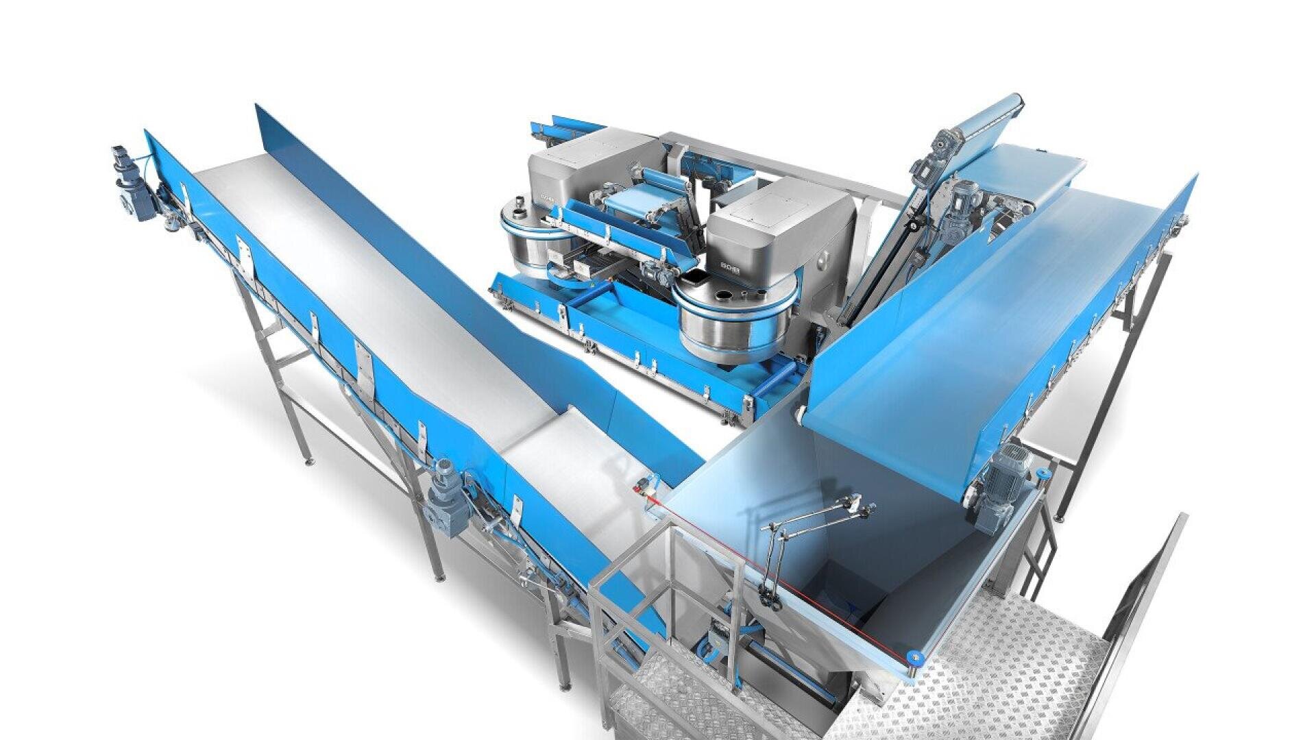 Ein modernes industrielles Fördersystem mit blauen und silbernen Metallkomponenten, einschließlich Förderbändern, Maschinen und Stützstrukturen, das für den automatisierten Materialtransport ausgelegt ist.