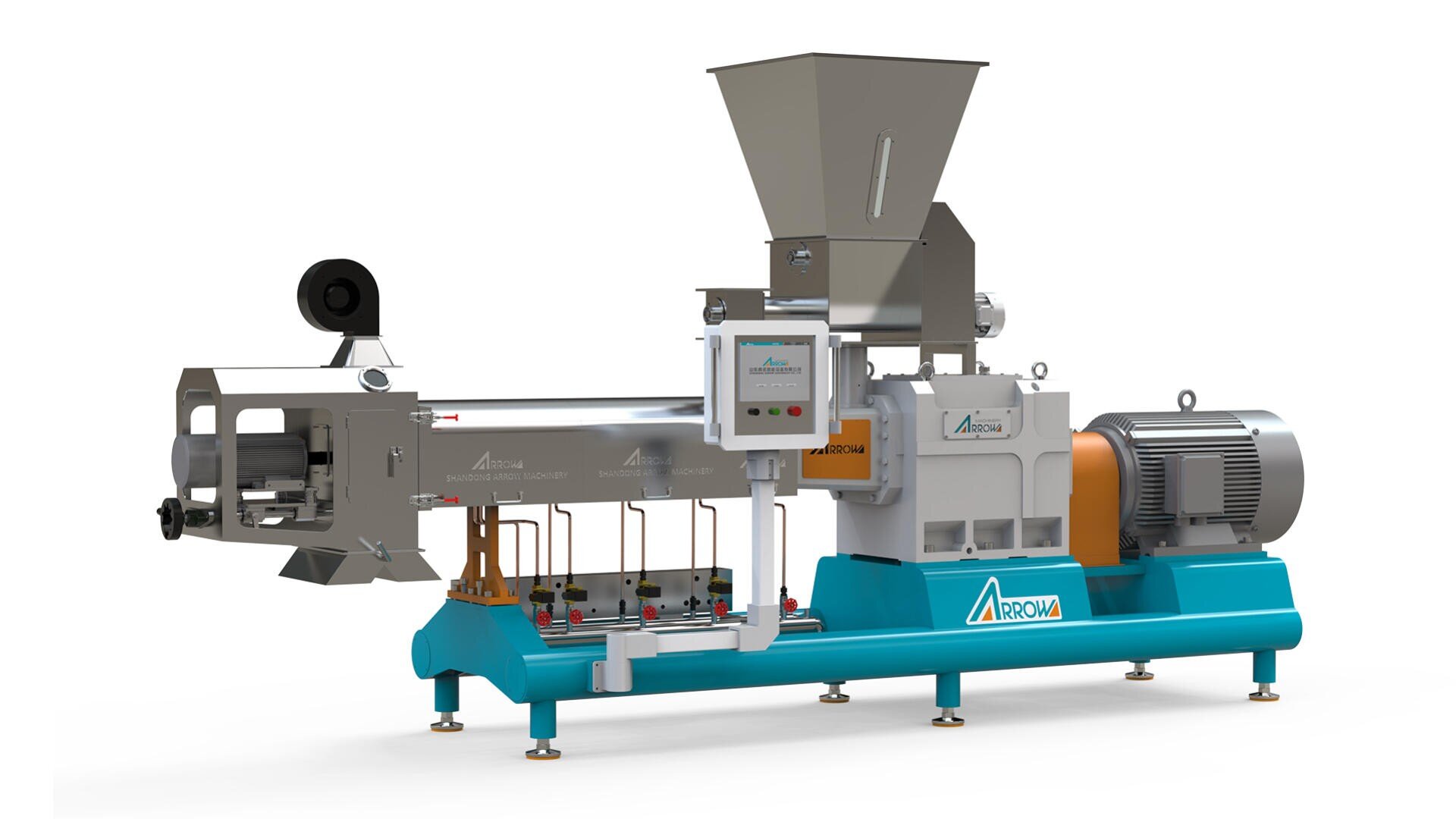 A large industrial food extruder machine with a metal hopper, control panel, and various components, mounted on a blue frame. The machine is labeled “Arrow” and appears clean and modern.