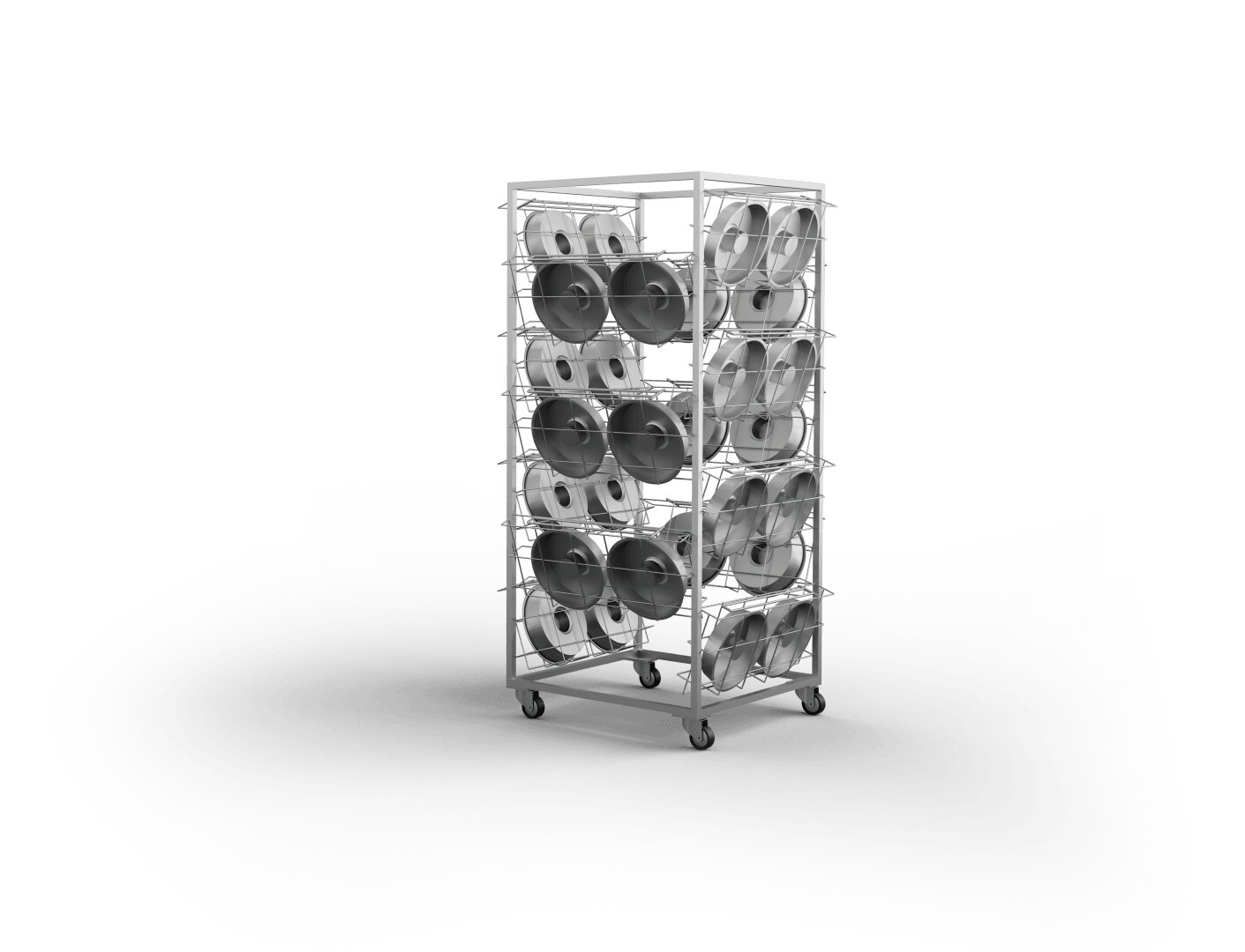 A metal storage rack on wheels holds multiple round baking trays on its shelves, isolated on a white background.