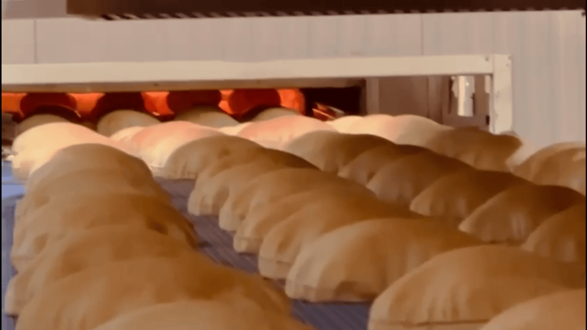 Rows of pita breads puff up as they move through an industrial oven on a conveyor belt during the baking process.