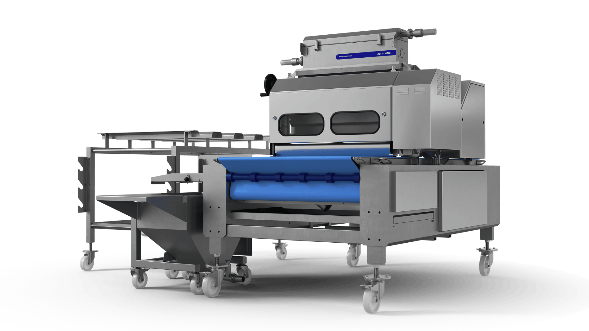 Industrial food processing machine on wheels with a stainless steel frame, blue conveyor belt, and various compartments, viewed from an angle on a white background.