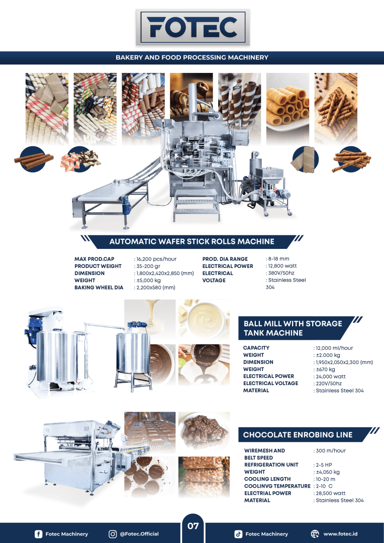 Eine Produktkatalogseite für Bäckerei- und Lebensmittelverarbeitungsmaschinen von Fotec mit Bildern und technischen Daten für eine automatische Waffelstäbchen-Rollmaschine, eine Kugelmühle mit Lagertank und eine Schokoladenüberzugslinie.