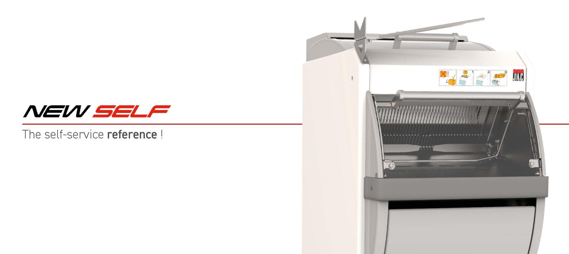 Partial view of a commercial bread slicer machine with a metal front and control panel. Text on the left reads: NEW SELF The self-service reference!.