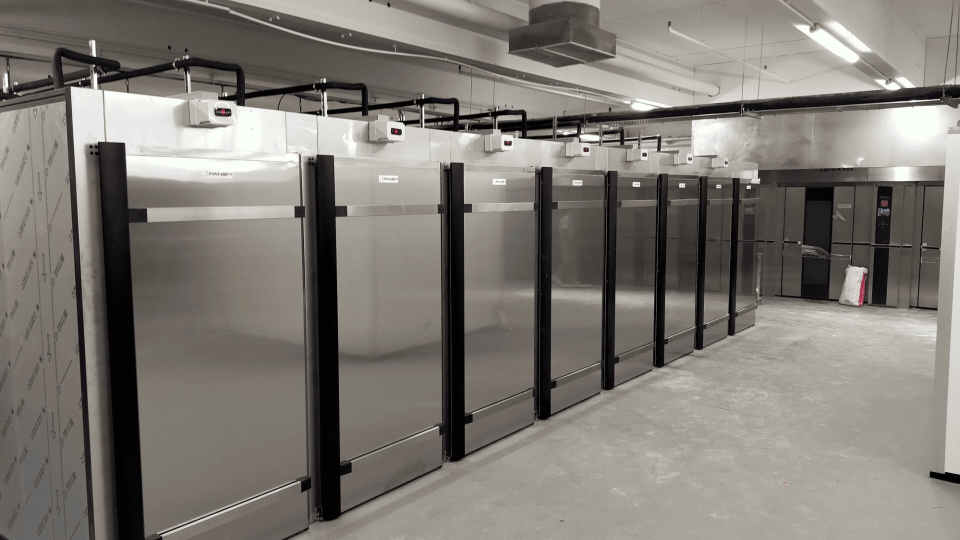A row of large, stainless steel industrial refrigerators or freezers is lined up against a wall in a spacious, well-lit facility with a concrete floor and exposed pipes on the ceiling.
