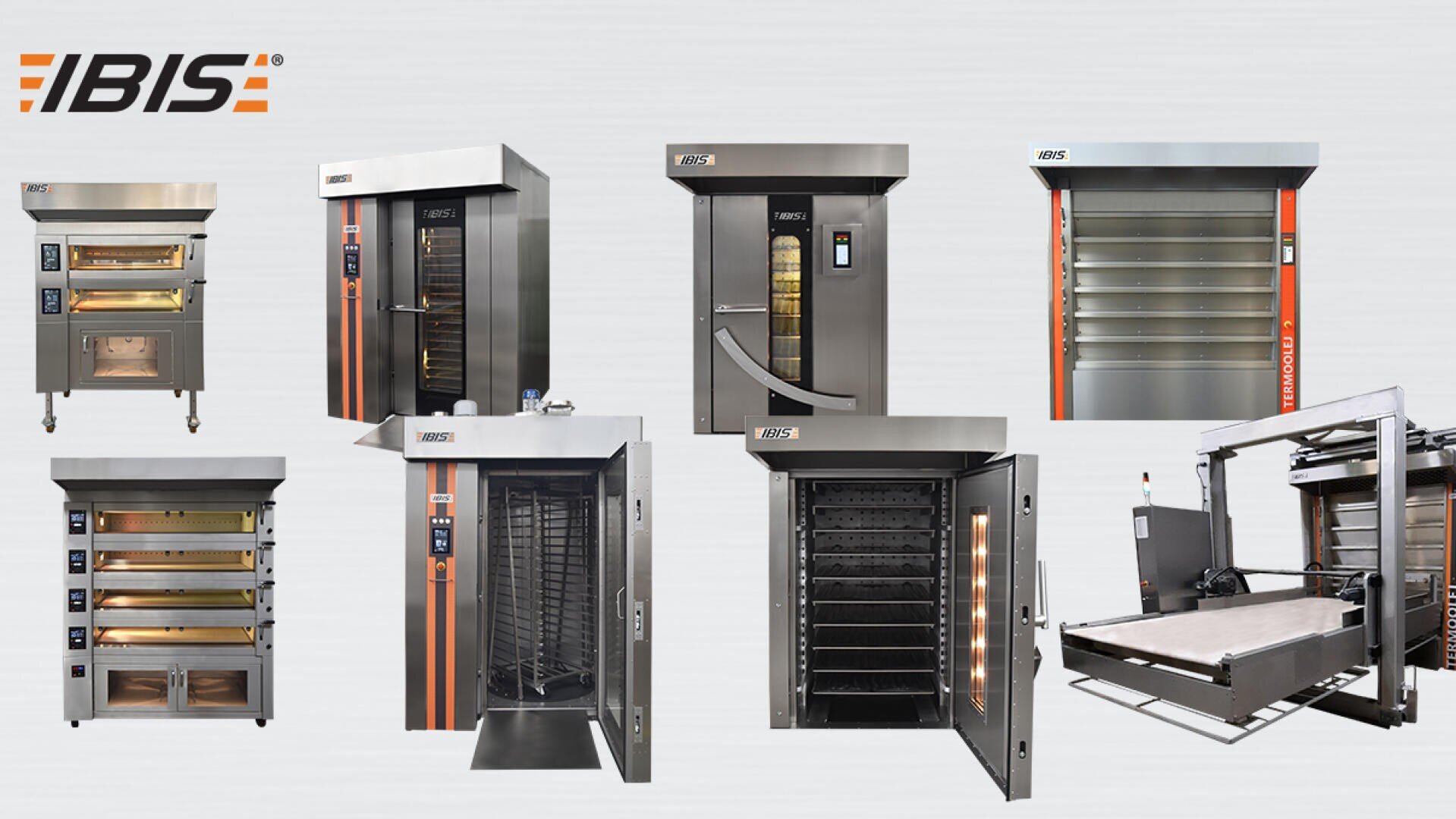 A display of eight commercial bakery ovens of various sizes and designs, arranged in two rows on a light gray background, with the IBIS logo in the top left corner.