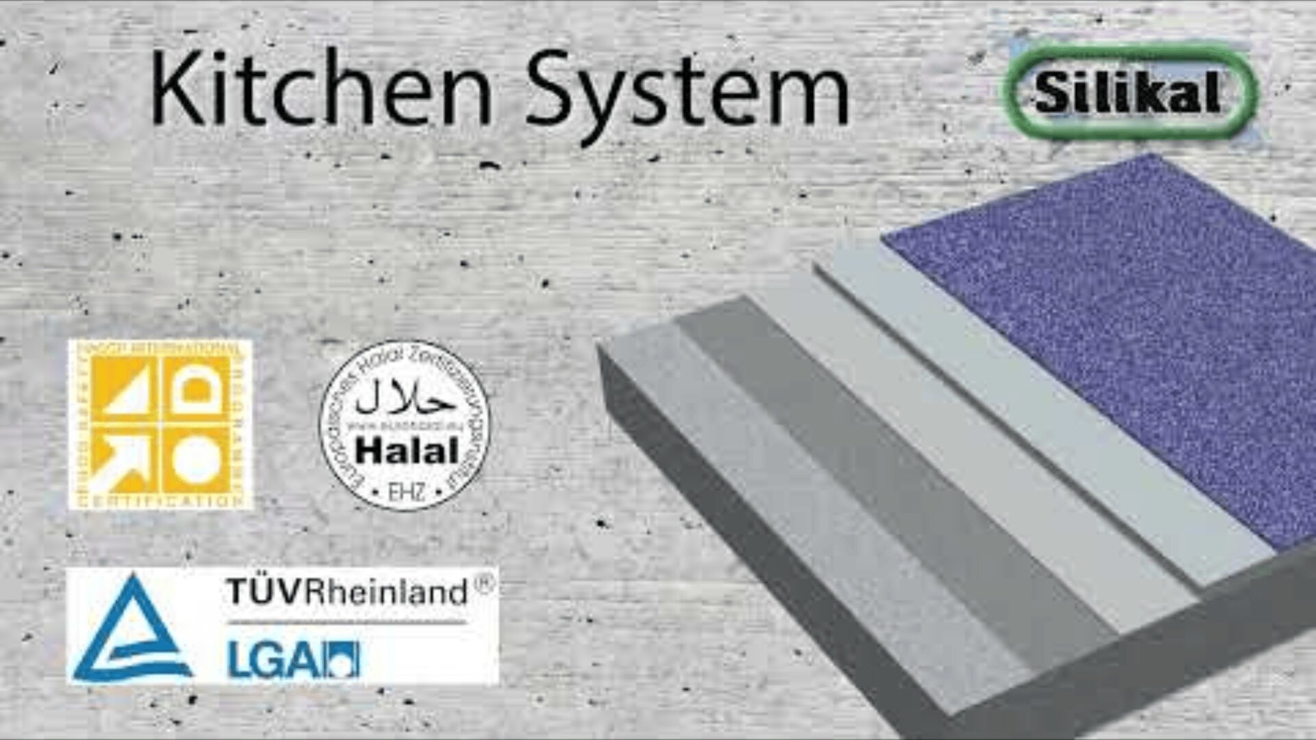 Diagramm eines mehrschichtigen Küchenbodensystems mit vier sichtbaren Schichten. Enthält Logos für Silikal, TÜV Rheinland, Halal-Zertifizierung und eine weitere Zertifizierung auf einem Hintergrund mit Betonstruktur.