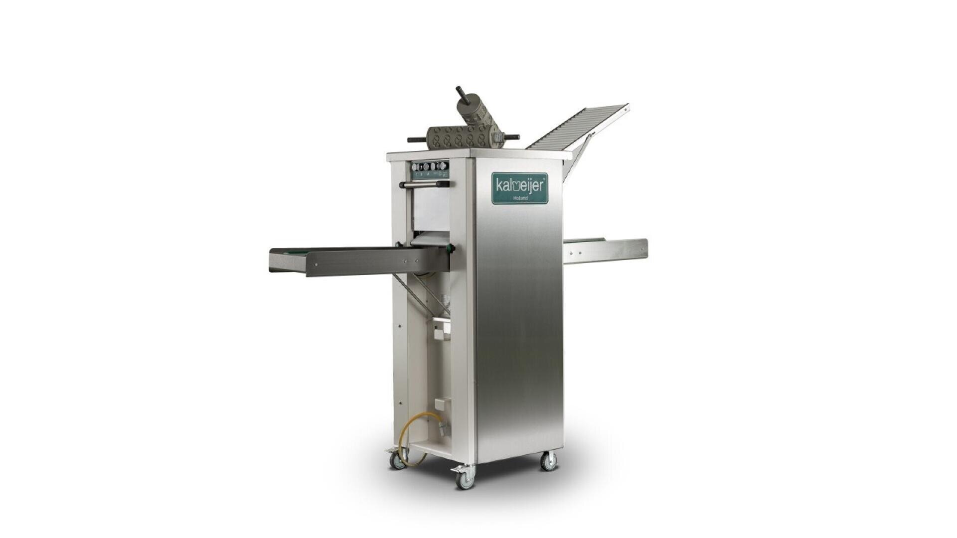 A stainless steel industrial bakery machine with a conveyor belt, control panel, and wheels, labeled Kalmeijer. The machine appears designed for automated dough processing or pastry making.