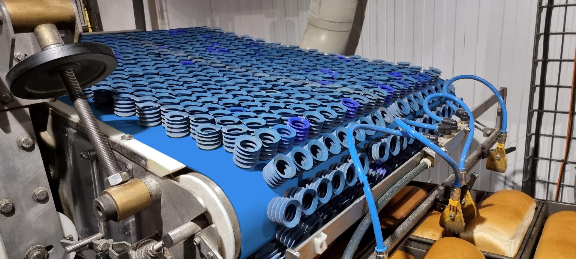 Ein Förderband in einer Fabrik transportiert Reihen blauer Gummi- oder Kunststoffdichtungen. Die Maschinen rund um das Band bestehen aus Metallteilen und blauen Rohren. Die Umgebung wirkt industriell und organisiert.