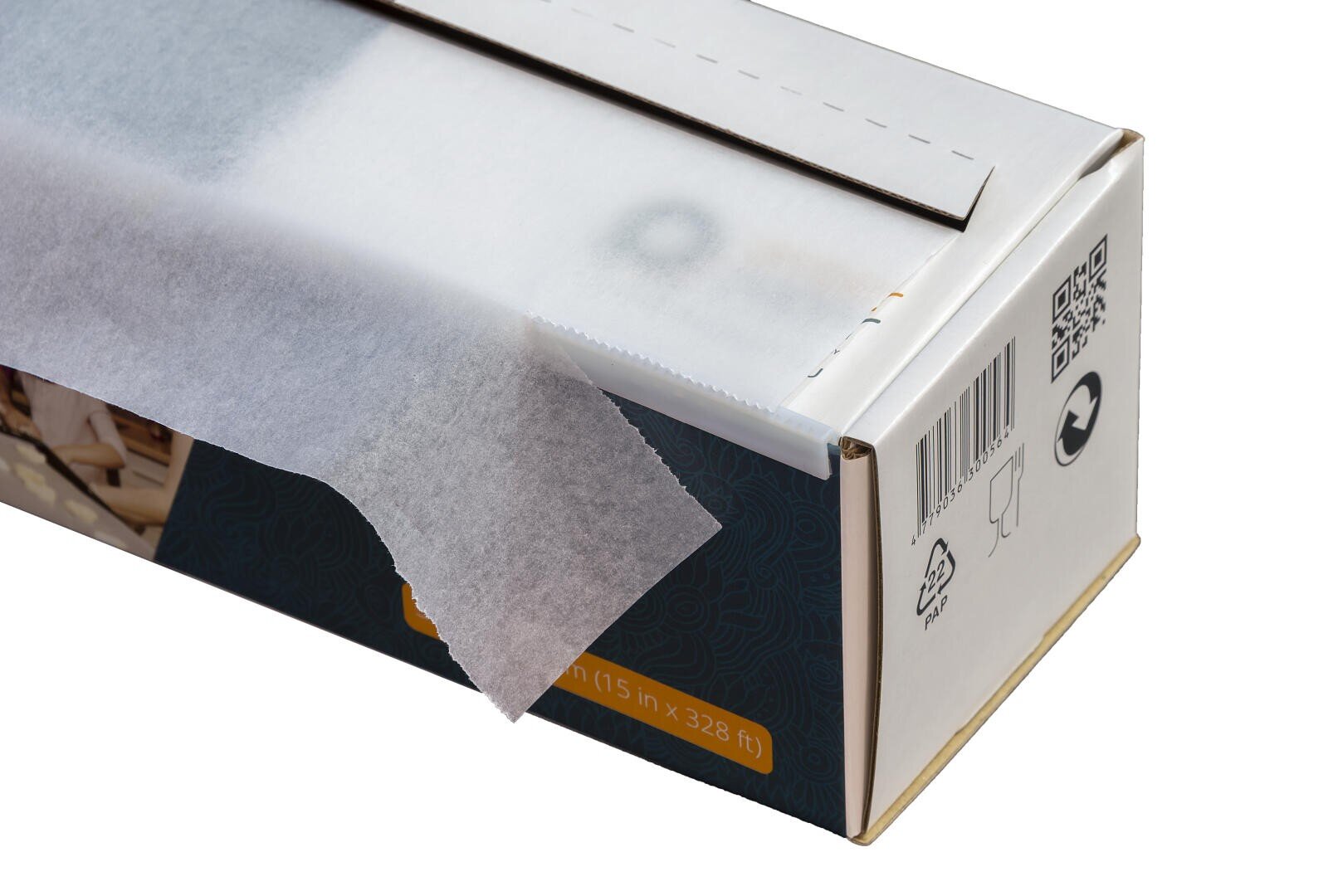 A close-up of a box of parchment paper with a sheet partially pulled out, showing the serrated edge for cutting. The box has recycling symbols, a barcode, and a QR code on the side.