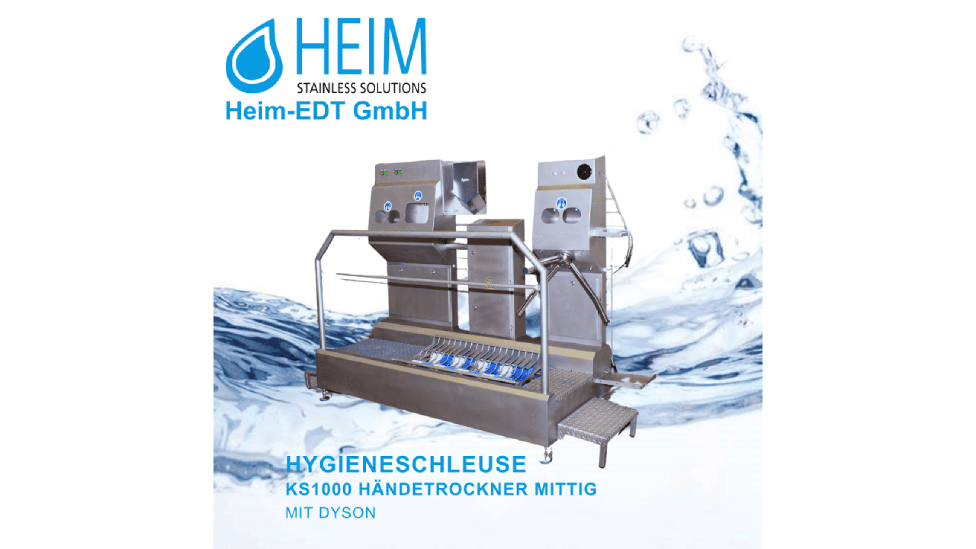 Hygienic access control station by Heim-EDT GmbH with hand dryer and turnstile, stainless steel design, set against a water splash background. Text includes company logo and product name in German.