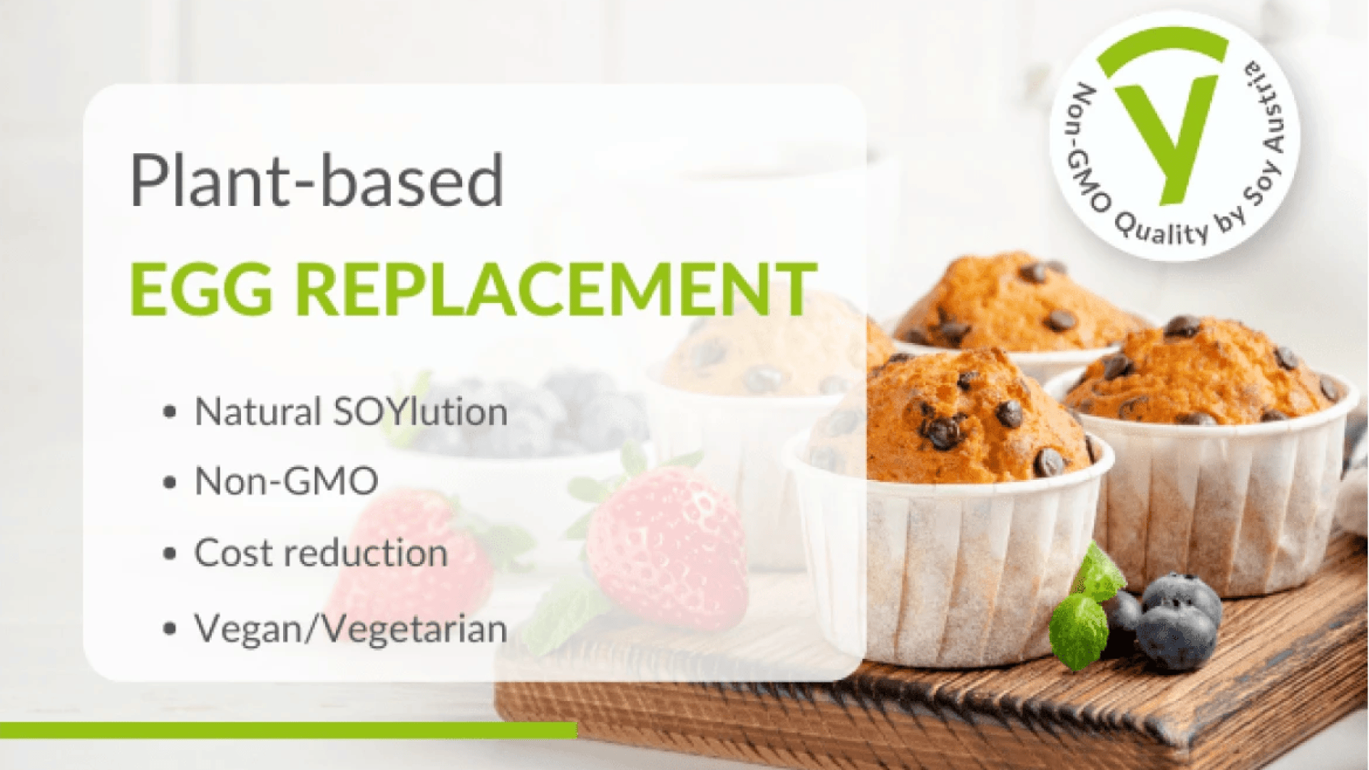 A promotional image for a plant-based egg substitute with chocolate muffins, berries and text highlighting the benefits of natural soy, GMO-free, low-cost and vegan/vegetarian. A non-GMO Quality by Soy logo is present.