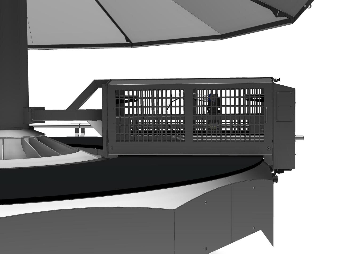 Eine Nahaufnahme einer mechanischen Struktur mit einem Metallgittergehäuse, das an einem größeren zylindrischen Gerät befestigt ist, möglicherweise Teil einer industriellen oder wissenschaftlichen Ausrüstung, vor einem weißen Hintergrund.