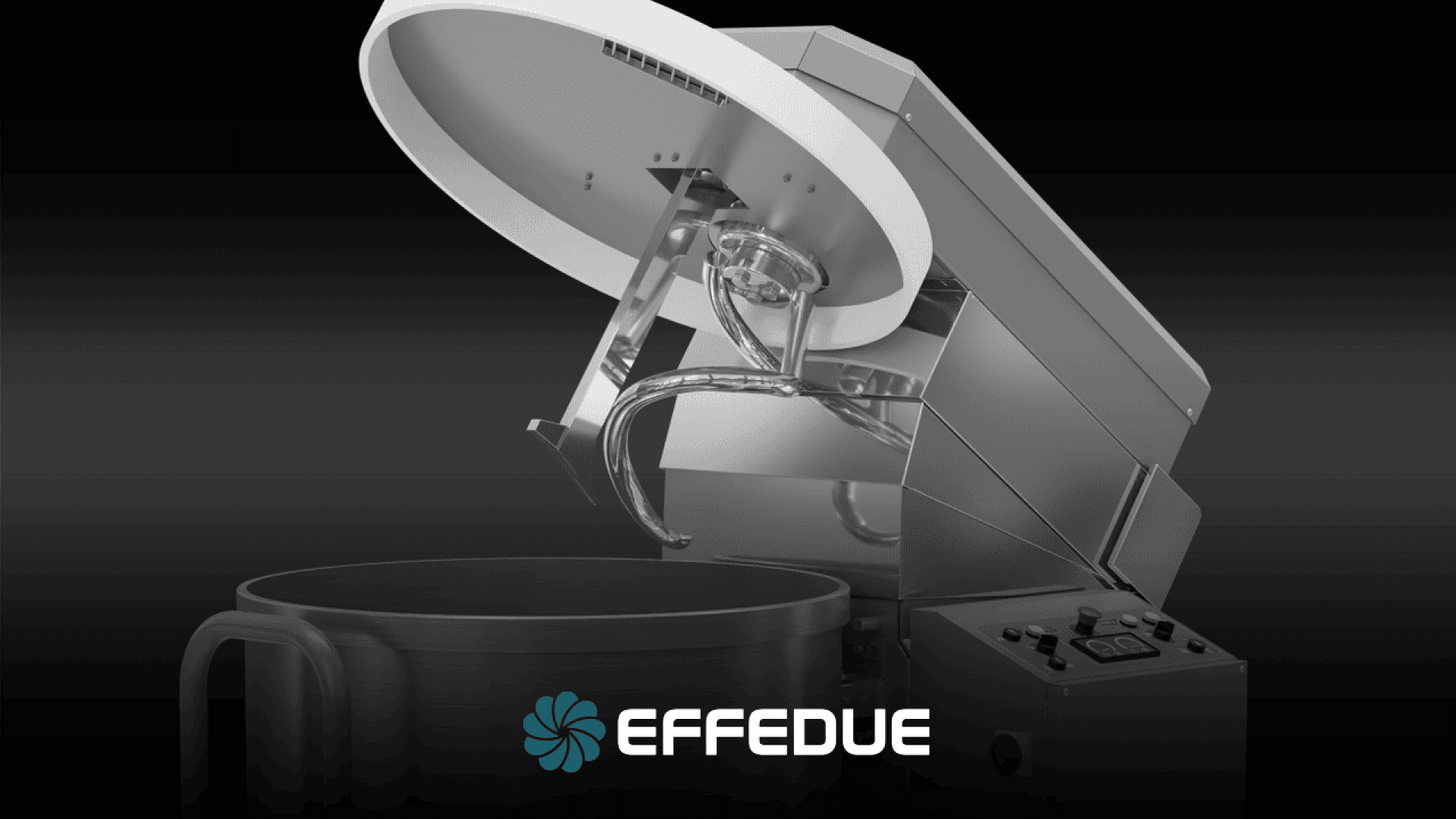 Industrial dough mixer with an open lid, showing the dough hook, control panel, and mixing bowl; the Effedue logo is displayed at the bottom center of the image.
