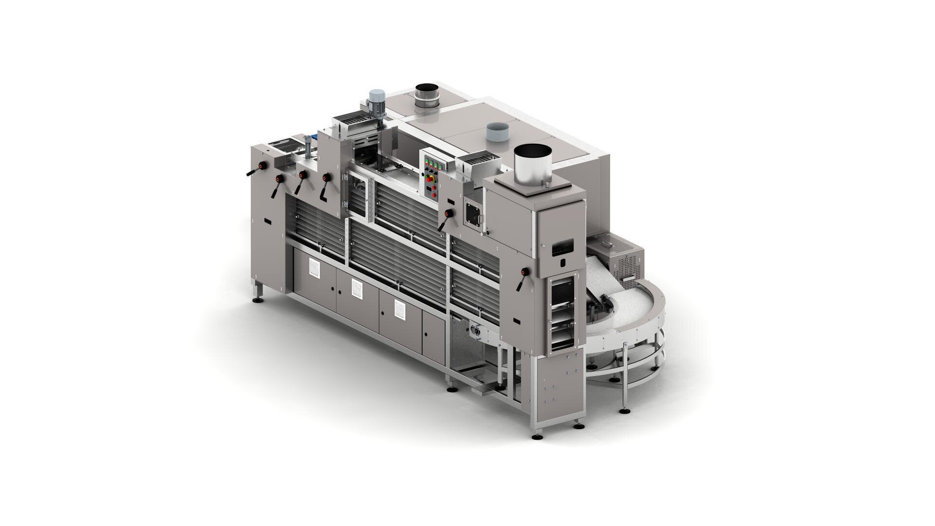 Industrial bakery machine with multiple conveyors, control panels, and ventilation units, designed for automated food processing, set against a white background.