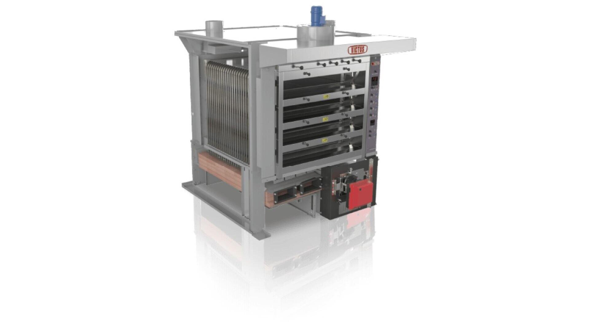 Industrieller Backofen mit mehreren Backkammern, Metallgestellen, einem digitalen Bedienfeld und einer Heizeinheit, konzipiert für die Herstellung von Brot oder Gebäck in großen Mengen.