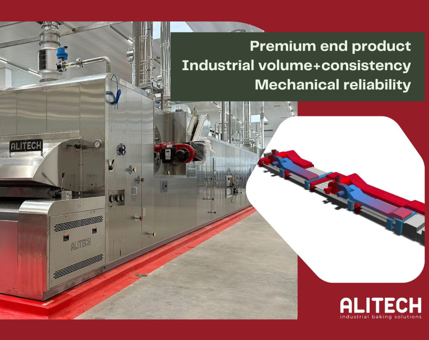 A stainless steel industrial baking machine in a factory, with text reading “Premium end product, Industrial volume+consistency, Mechanical reliability” and the ALITECH logo in the corner.