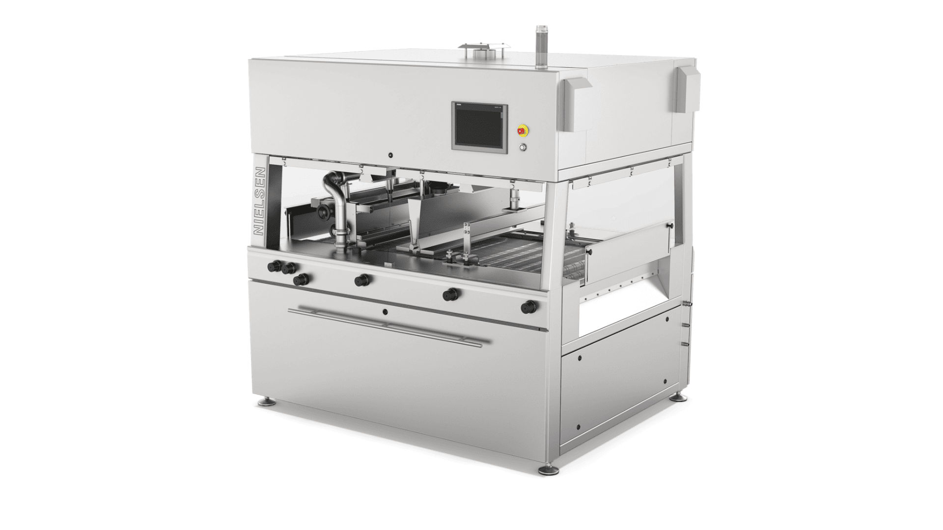 A large, industrial stainless steel machine with a touchscreen display, knobs, and vents, designed for automated processing or packaging in a laboratory or manufacturing setting.