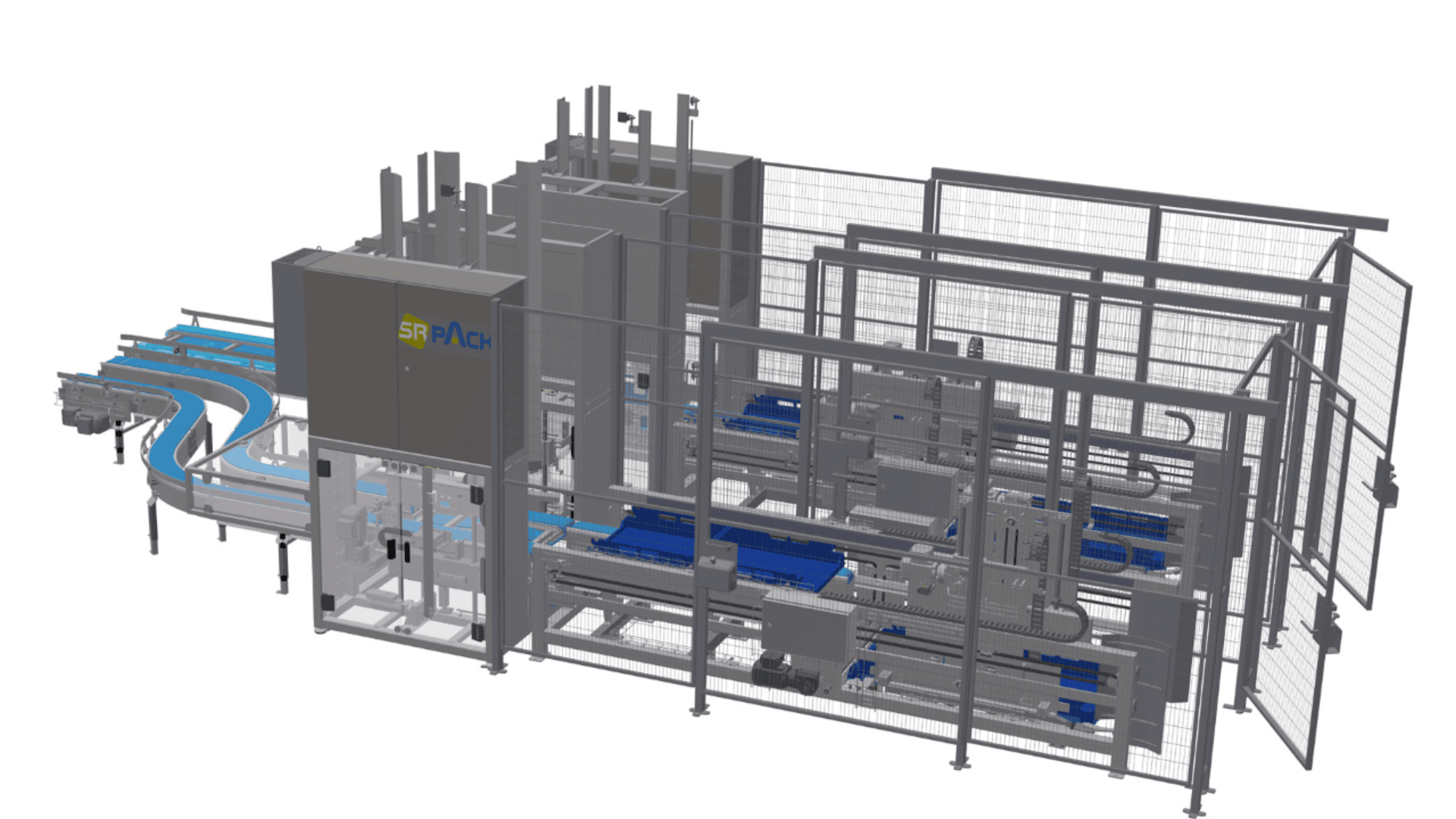 3D rendering of an automated packaging machine with conveyor belts and mechanical components, enclosed by metal safety fencing, used for industrial product handling and packing.