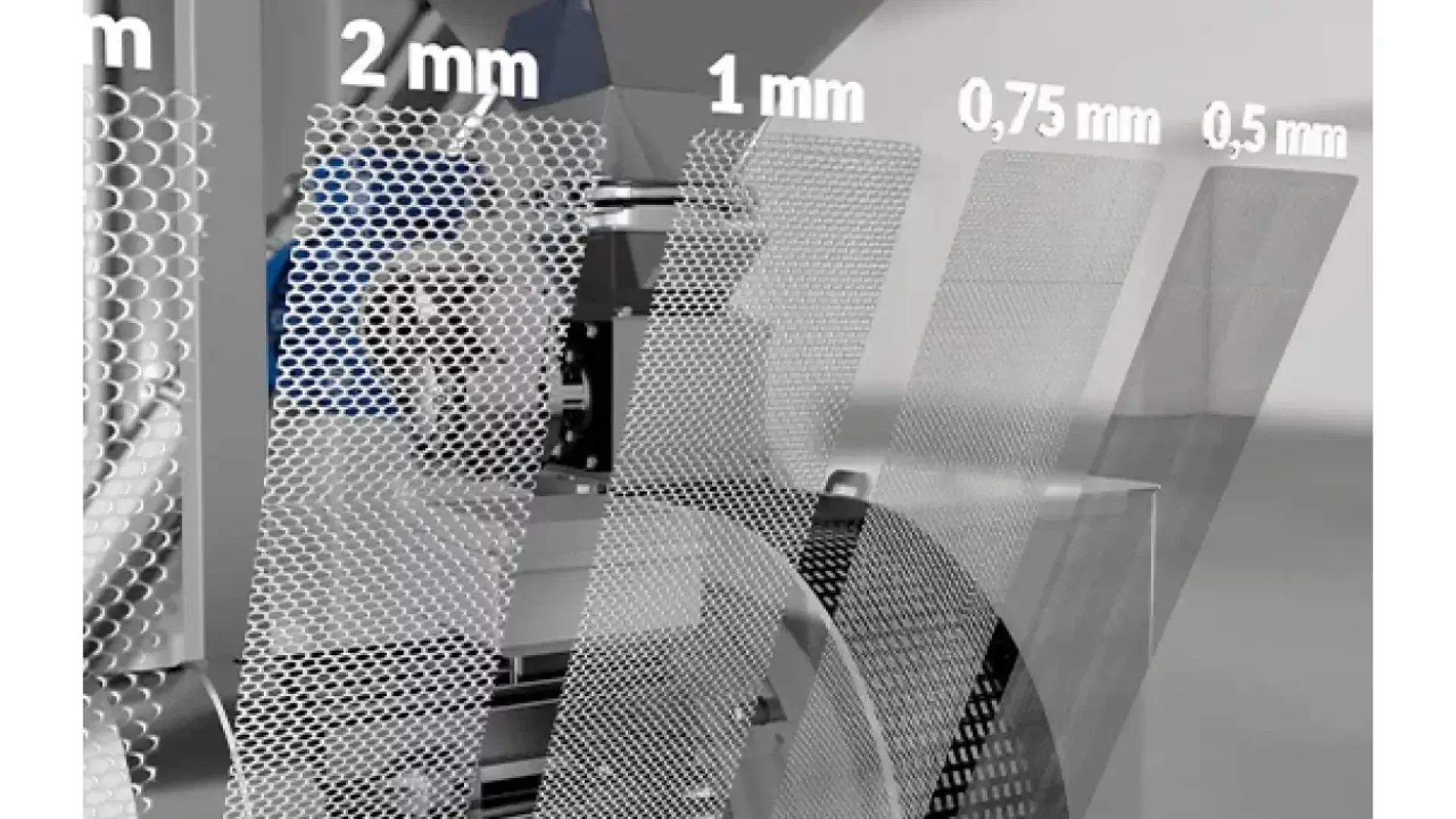 Four perforated metal sheets are shown, each labeled by hole size: 2 mm, 1 mm, 0.75 mm, and 0.5 mm. The holes become smaller from left to right. Machinery is visible in the background.