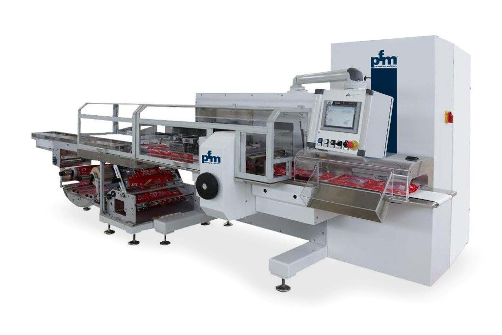 A large industrial packaging machine with conveyor belts and a control panel, labeled pfm, designed for wrapping or packaging food products, shown on a white background.