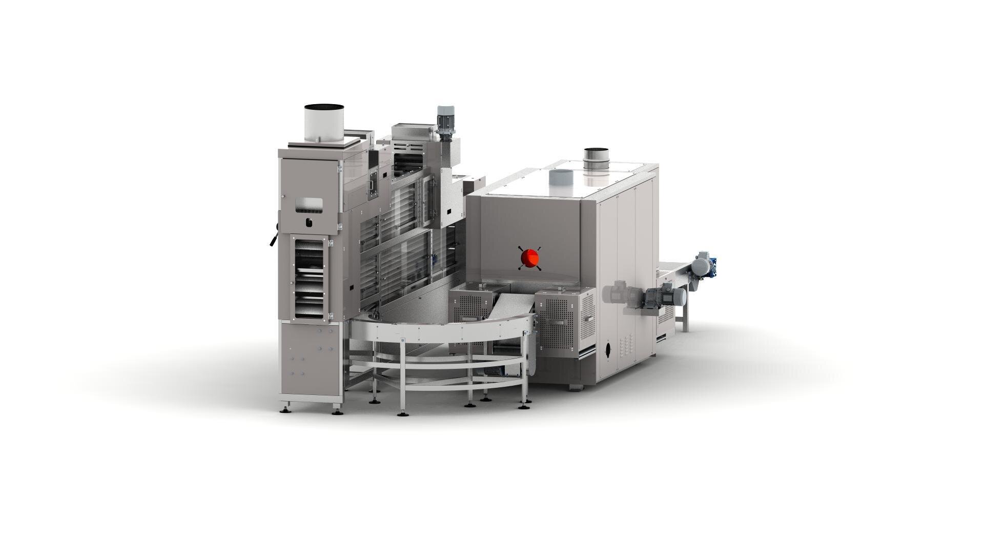 Industrial food processing machine with stainless steel exterior, conveyor belts, and multiple compartments. The equipment is isolated on a white background, showing its various components and modern design.