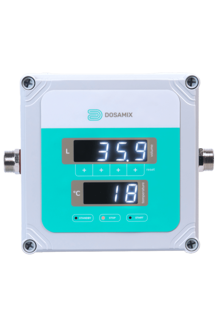 A rectangular electronic device labeled DOSAMIX displays 35.9 liters and 18°C on digital screens. It has buttons for standby, stop, and start below the displays and inlet/outlet fittings on each side.