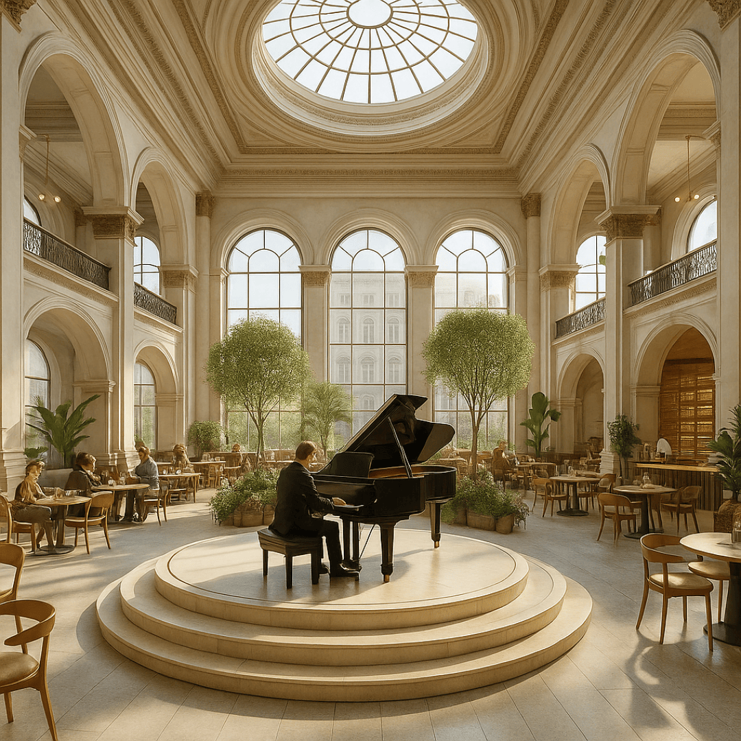 Ein Mann spielt auf einem Flügel auf einer runden Plattform in einem geräumigen, eleganten Saal mit hohen Bogenfenstern, einer Glaskuppeldecke, Bäumen im Innenbereich und Menschen, die an Tischen im Raum sitzen.