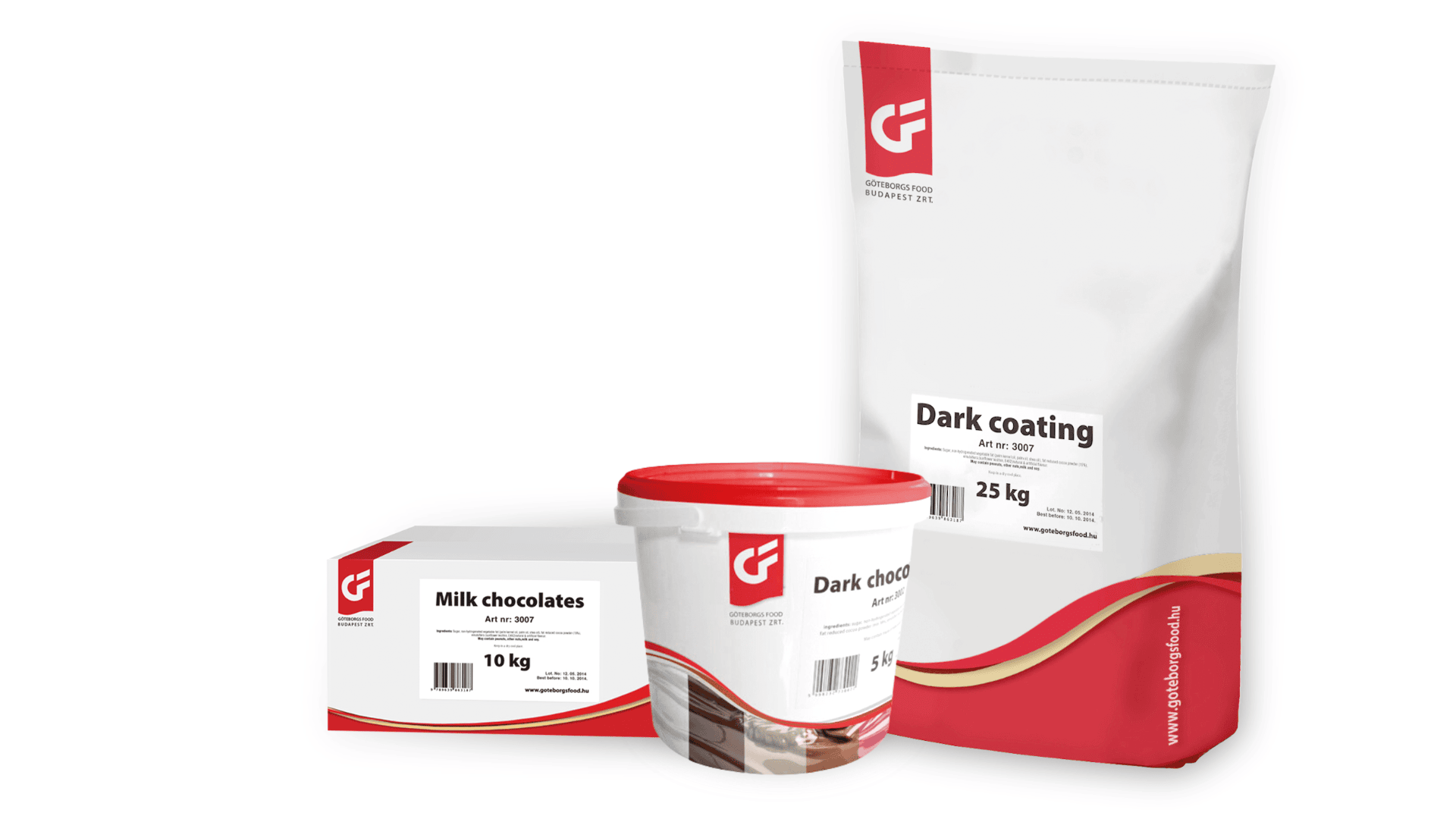 Three different packages of confectionery ingredients: a white box labeled Milk chocolates 10 kg, a white tub labeled Dark chocolates 5 kg, and a large white bag labeled Dark coating 25 kg, all with red accents.
