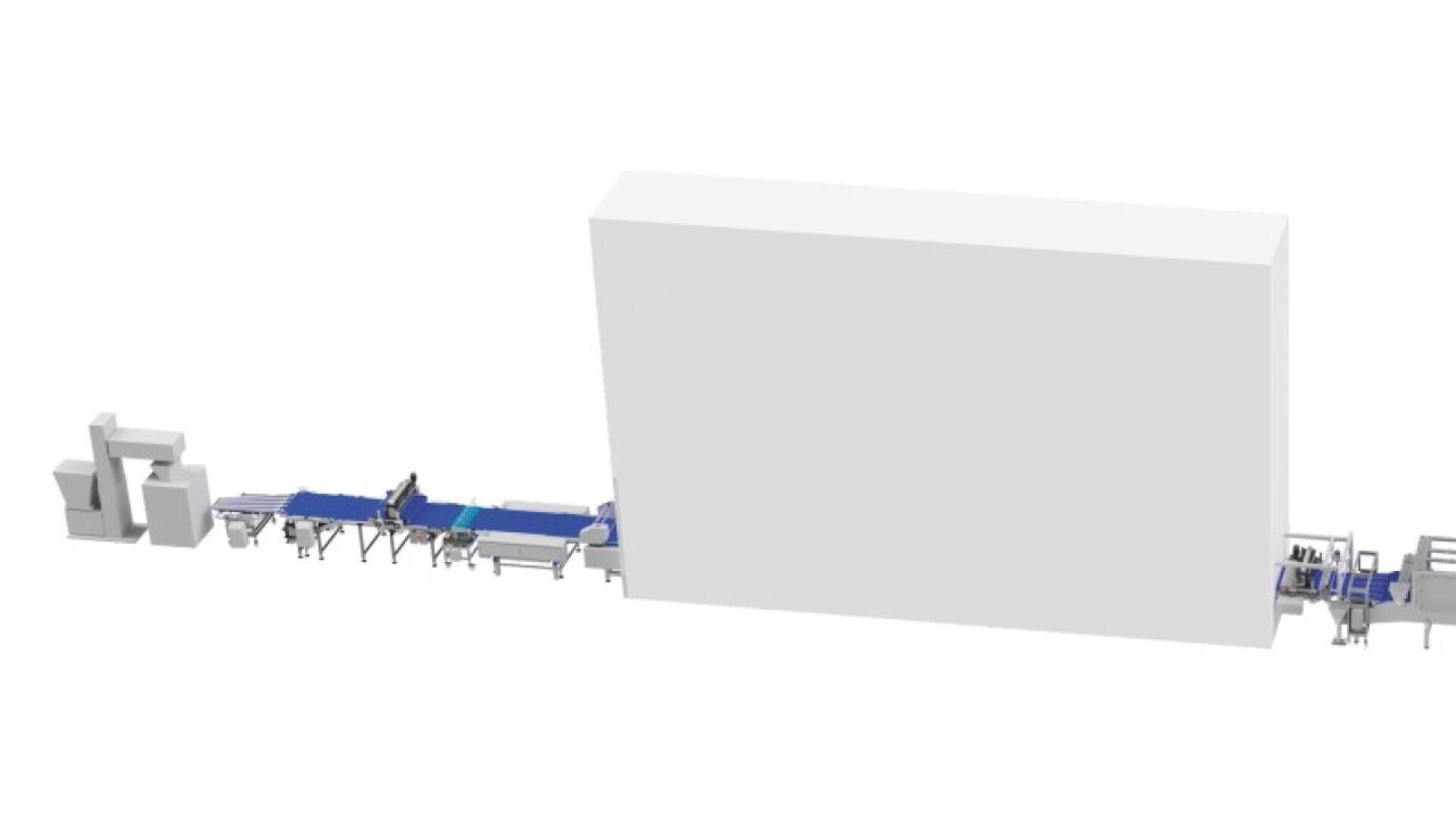 Ein 3D-gerendertes Diagramm einer industriellen Produktionslinie mit Maschinen und Förderbändern, die zu und von einer großen rechteckigen Struktur in der Mitte führen.