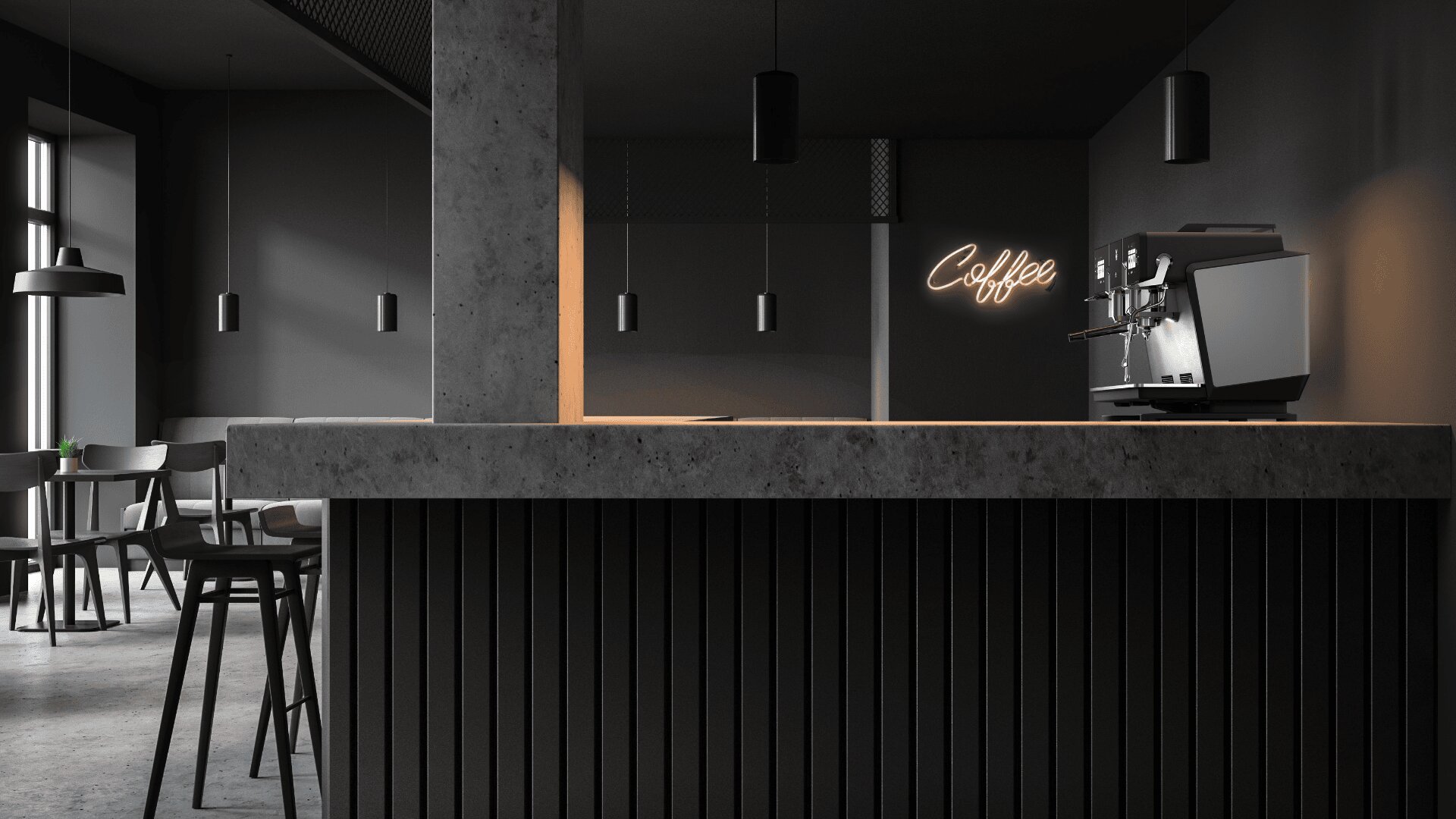 Minimalistisches, modernes Café mit dunklen Wänden, Betontheke, Pendelleuchten, leeren Stühlen und einer Kaffeemaschine. An der Rückwand leuchtet ein Neonschild mit der Aufschrift "Coffee". Durch große Fenster fällt natürliches Licht ein.