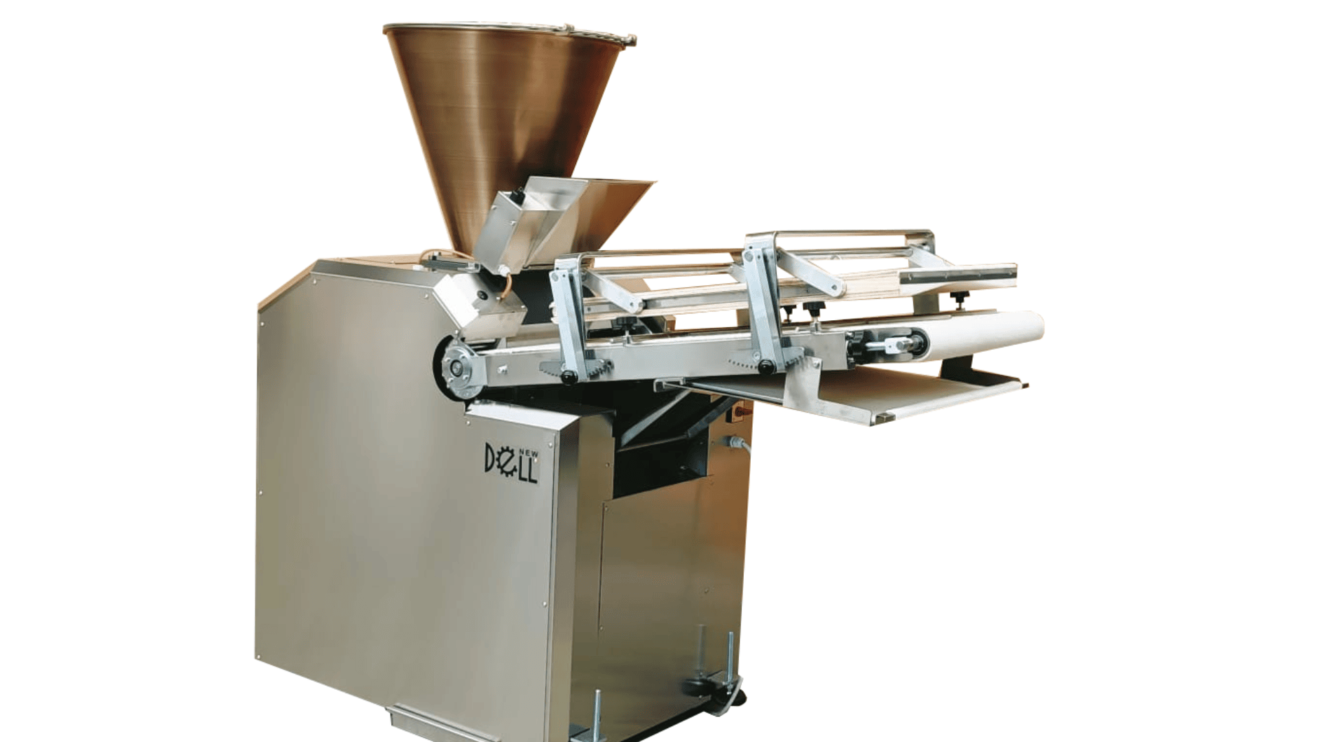 A stainless steel industrial food processing machine with a large funnel hopper on top and conveyor belts for automated dough or filling handling, set against a white background.