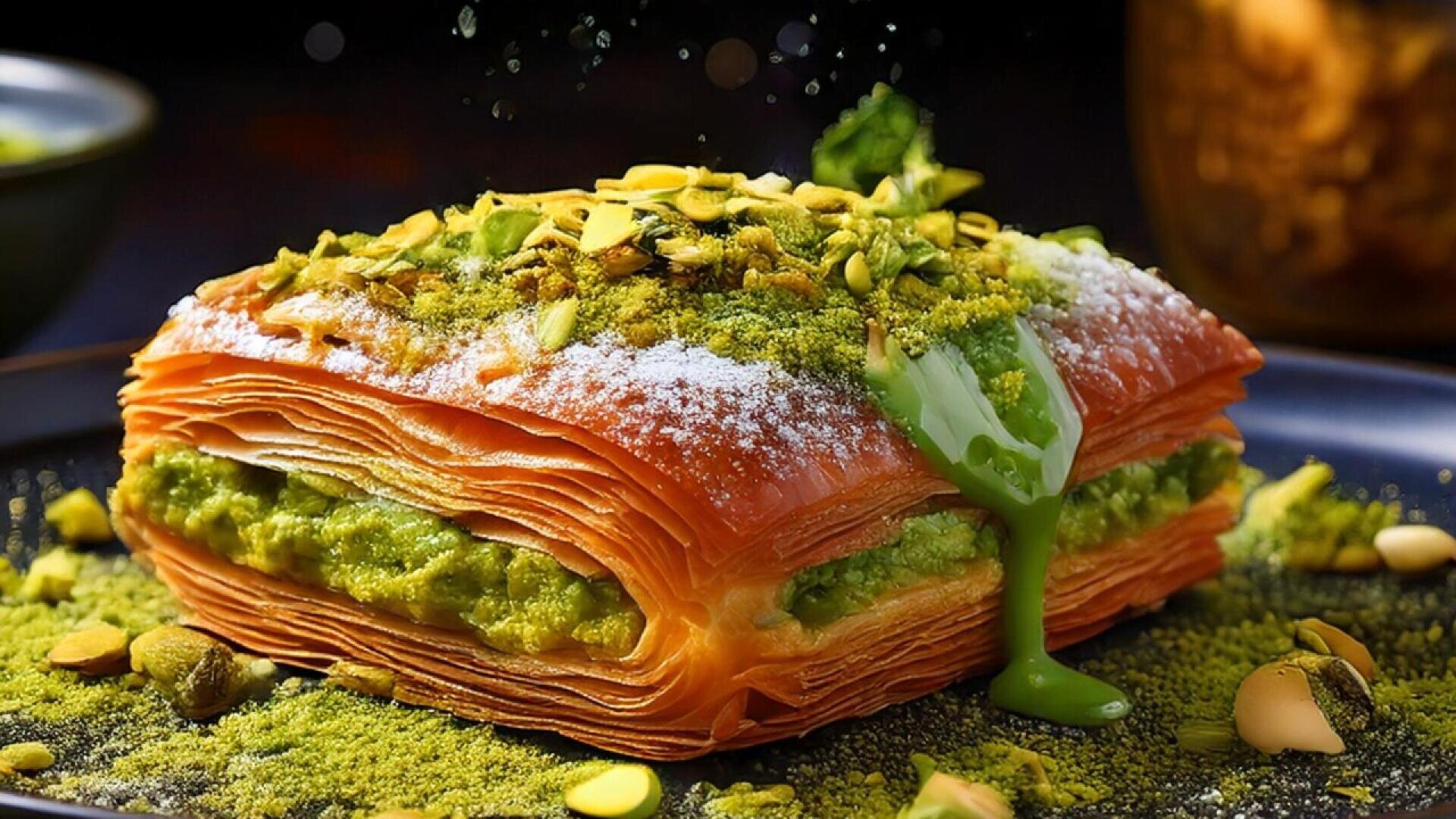 Nahaufnahme eines geschichteten Gebäckdesserts mit grüner Pistaziencreme. Die knusprigen, goldbraunen Schichten sind mit zerstoßenen Pistazien, Puderzucker und Matcha-Pulver bestreut, aus dem die grüne Creme herausquillt.