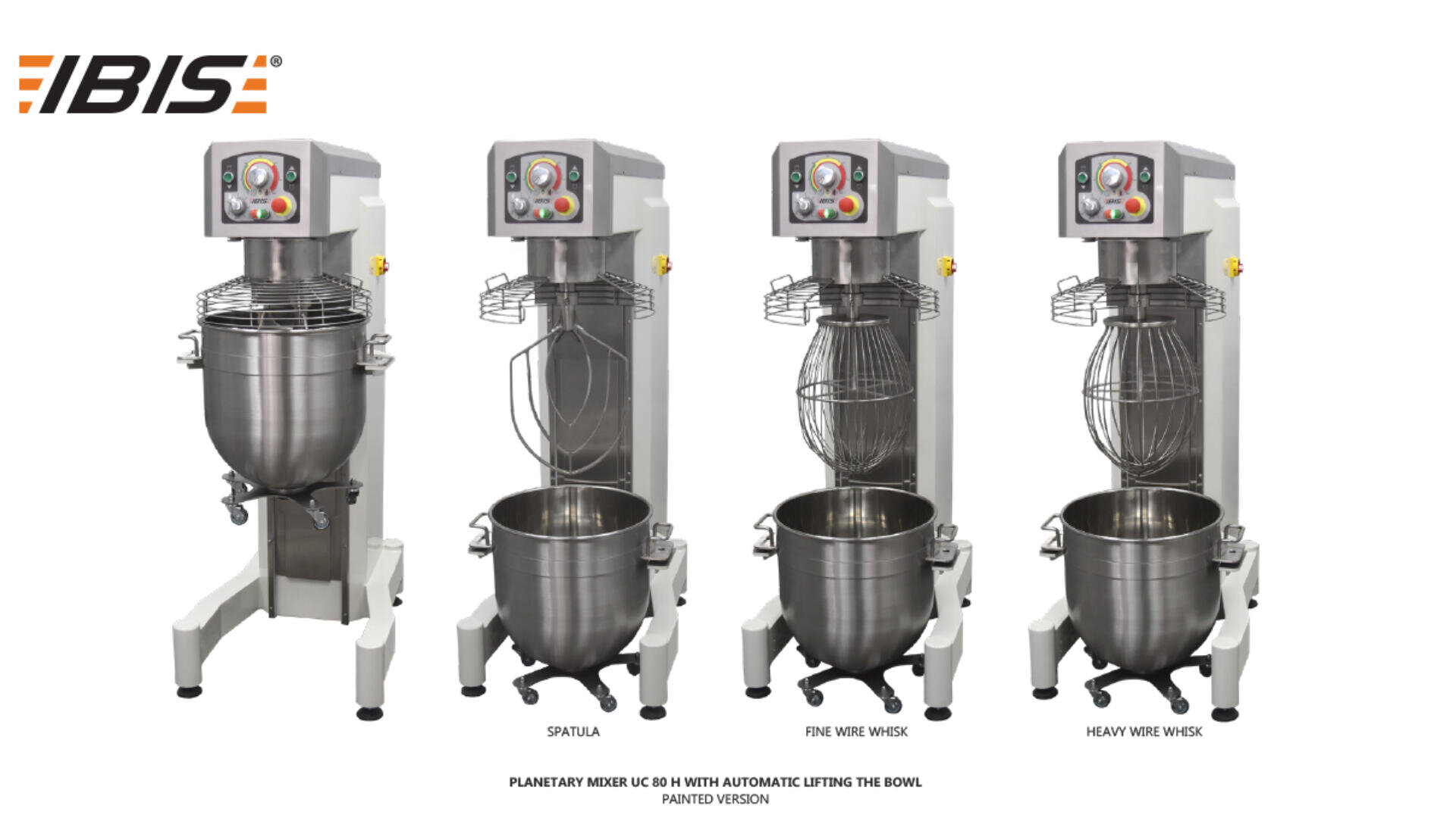 Four IBIS planetary mixers with different attachments: spatula, fine wire whisk, and heavy wire whisk, each shown with a large stainless steel mixing bowl below a digital control panel.