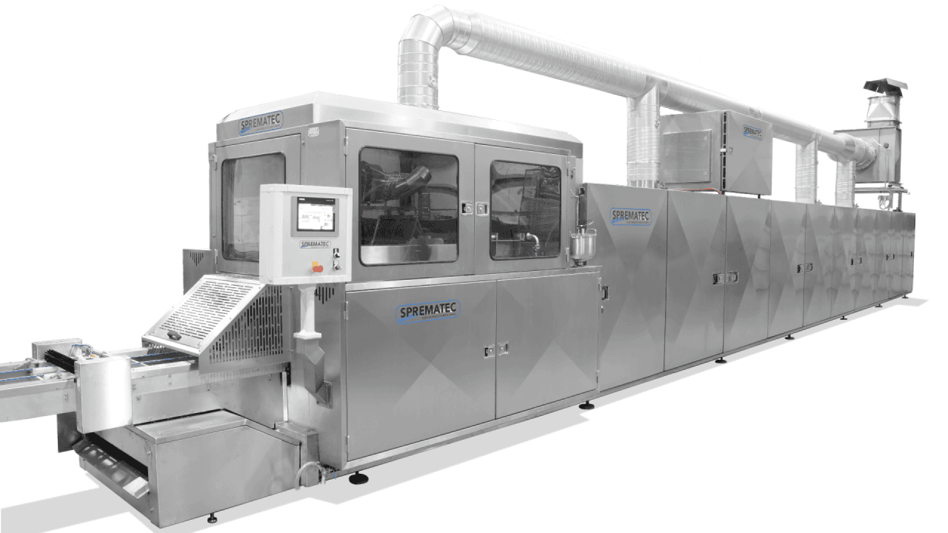 A large, industrial food processing machine made of stainless steel with control panels, conveyor belts, and ventilation ducts, labeled SPREMATEC.