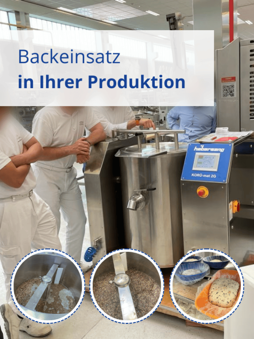 Drei Personen in weißen Uniformen stehen in einer hellen, modernen Anlage vor industriellen Backgeräten. Eingeschobene Bilder zeigen Nahaufnahmen von gemischten Zutaten und gebackenem Brot. Der Text lautet: "Backeinsatz in Ihrer Produktion.".