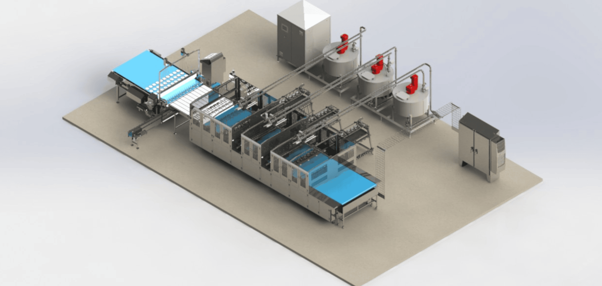 A 3D-rendered image of an industrial food processing line with conveyor belts, tanks, machinery, and control panels on a beige floor, viewed from an elevated angle.