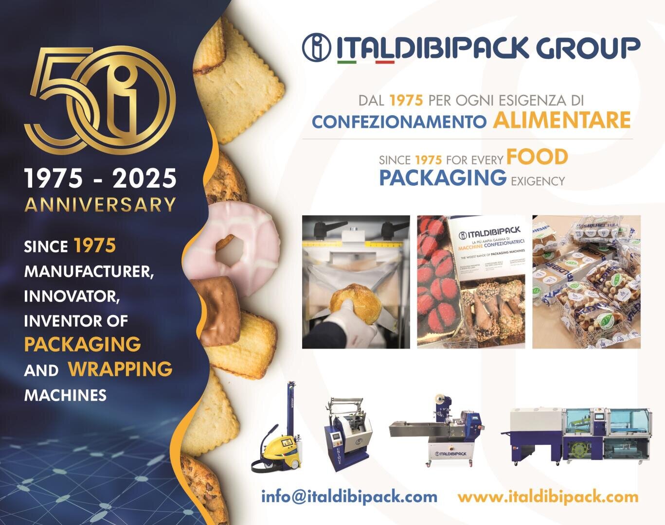 Werbeplakat zum 50. Jubiläum der ITALDIBIPACK GROUP mit Verpackungsmaschinen, Lebensmitteln und Veranstaltungsdaten (1975–2025) sowie Kontaktdaten unten.