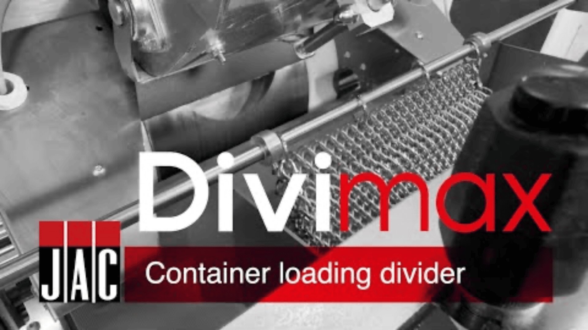 Black and white image of industrial machinery with the text Divimax container loading divider and the JAC logo in the bottom left corner.