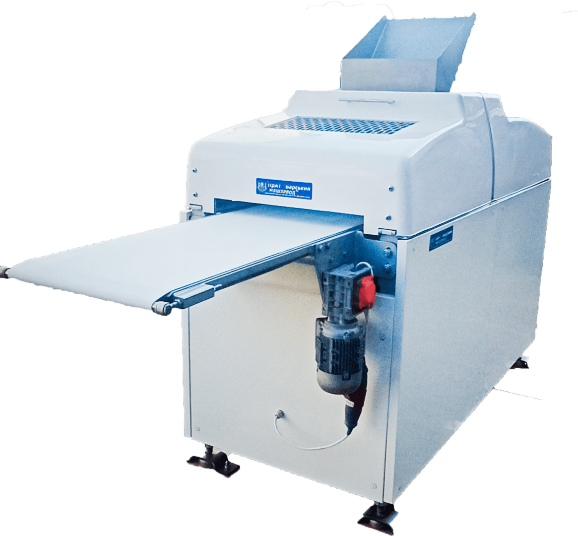 Eine große industrielle Teigausrollmaschine mit einem Förderband an der Vorderseite, die zum Ausrollen von Teig in gewerblichen Bäckereien konzipiert ist. Die Maschine ist aus Metall und verfügt über einen Einfülltrichter.