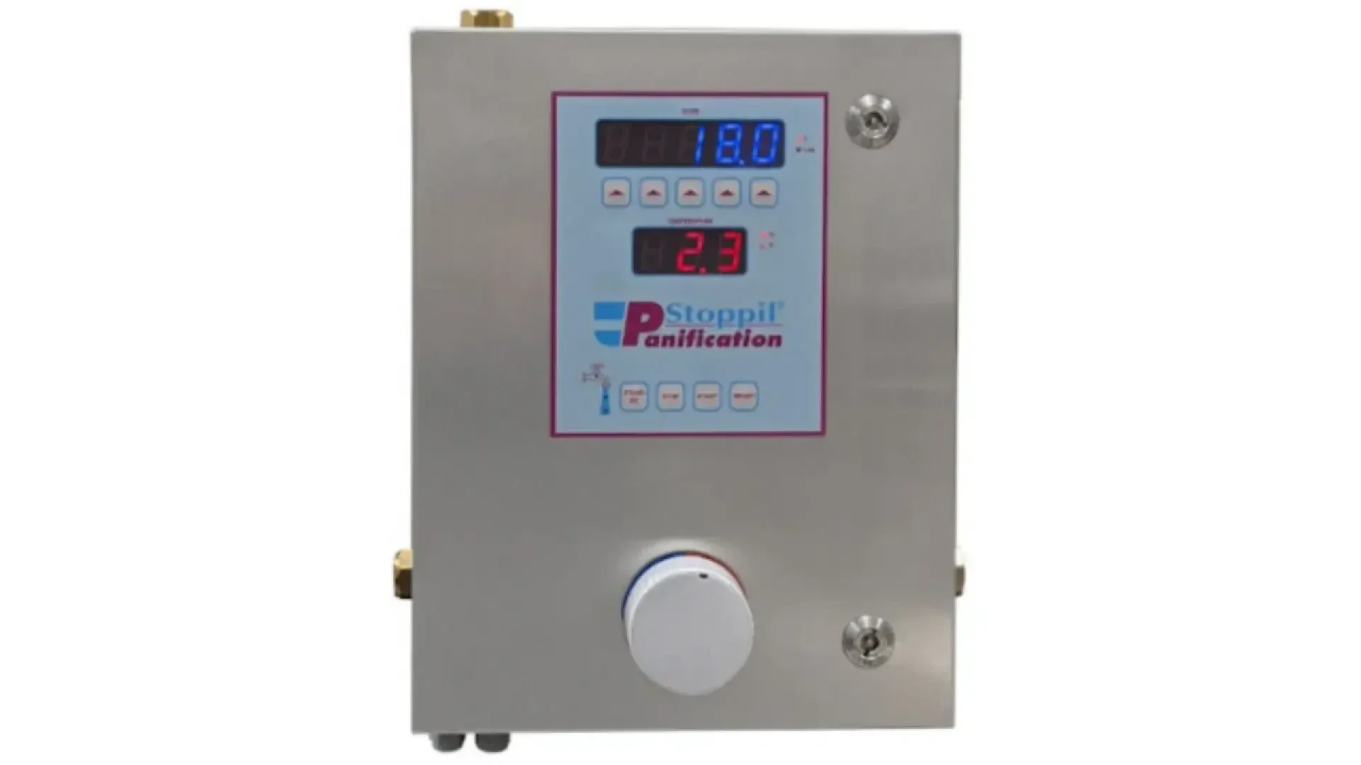 A metallic control panel labeled Stoppil Panification displays digital readings of 12.0 and 2.3 on separate screens, with buttons, indicator lights, and a large white dial at the bottom.