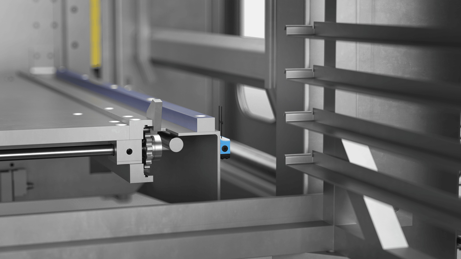 Close-up of a modern industrial machine with metal components, gears, a blue sensor, and parallel metal bars, set in a clean, well-lit manufacturing environment.