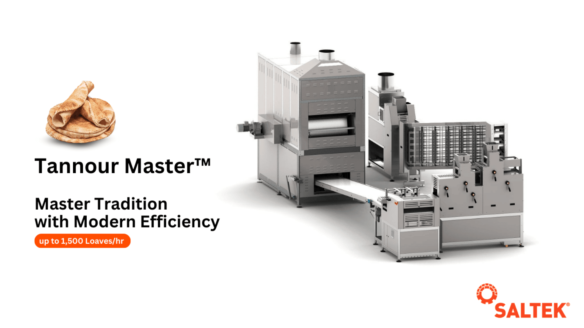 Industrial baking machine labeled Tannour Master™ with flatbreads, offering up to 1,500 loaves per hour. Text reads Master Tradition with Modern Efficiency. Saltek logo included.