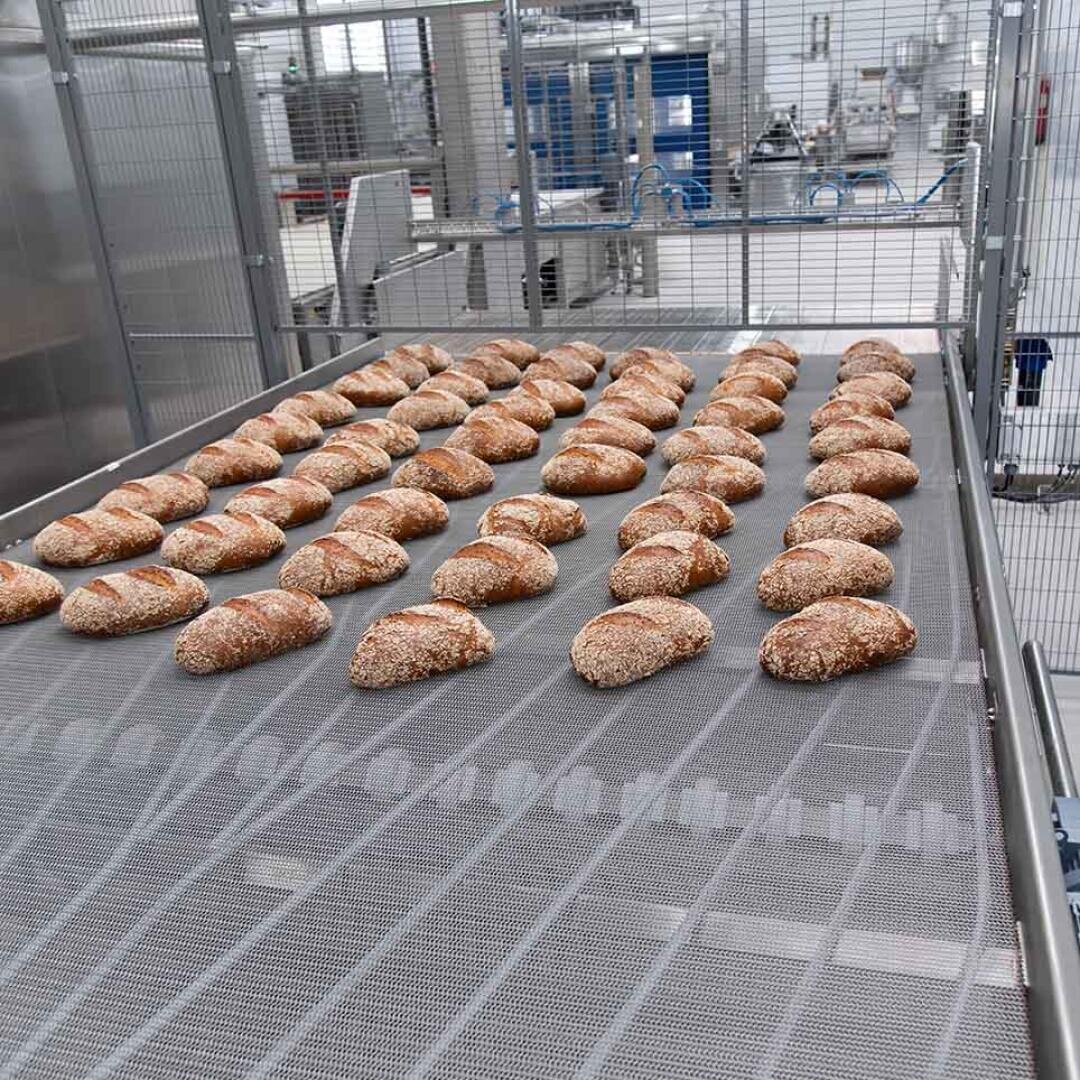 Reihen von frisch gebackenen Brotlaiben, die auf einem Metallförderband in einer modernen industriellen Bäckerei abkühlen, mit Edelstahlgeräten im Hintergrund.