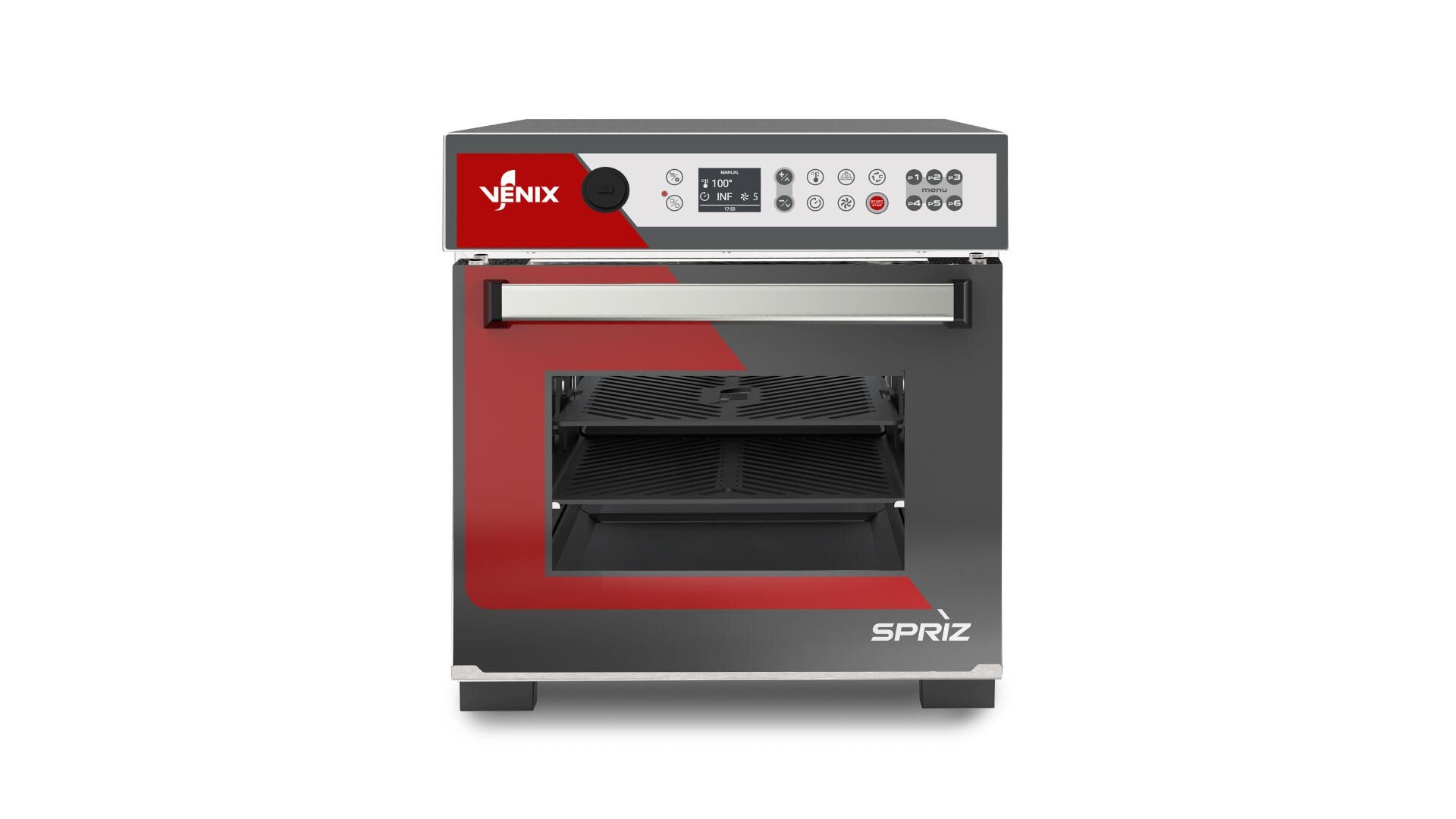 Front view of a modern, stainless steel countertop oven with a digital control panel, red accents, and the brand name “VENIX” on the top left. The oven door has a window showing two racks inside.