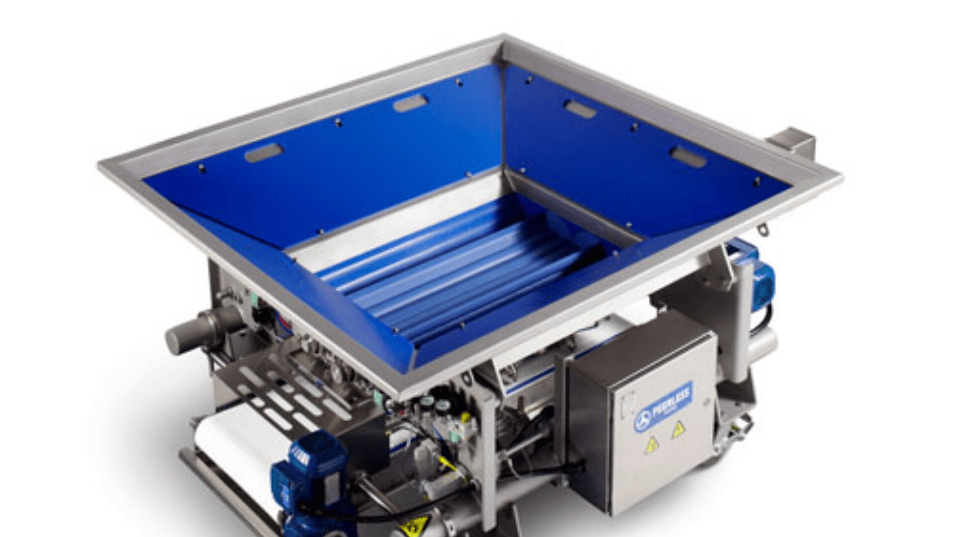 A large industrial machine with a blue and silver metal hopper, angled sides, and various mechanical components, likely used in food or material processing.