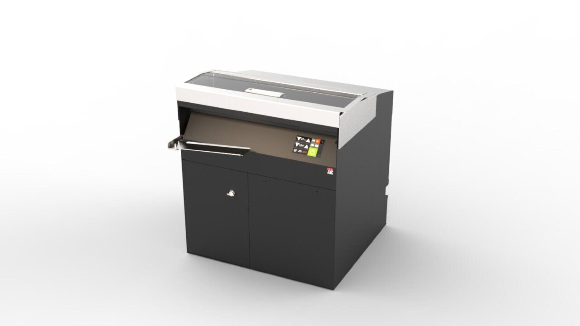 A black and gray industrial printer or machine with a control panel, buttons, and display screen on the front, set against a plain white background.