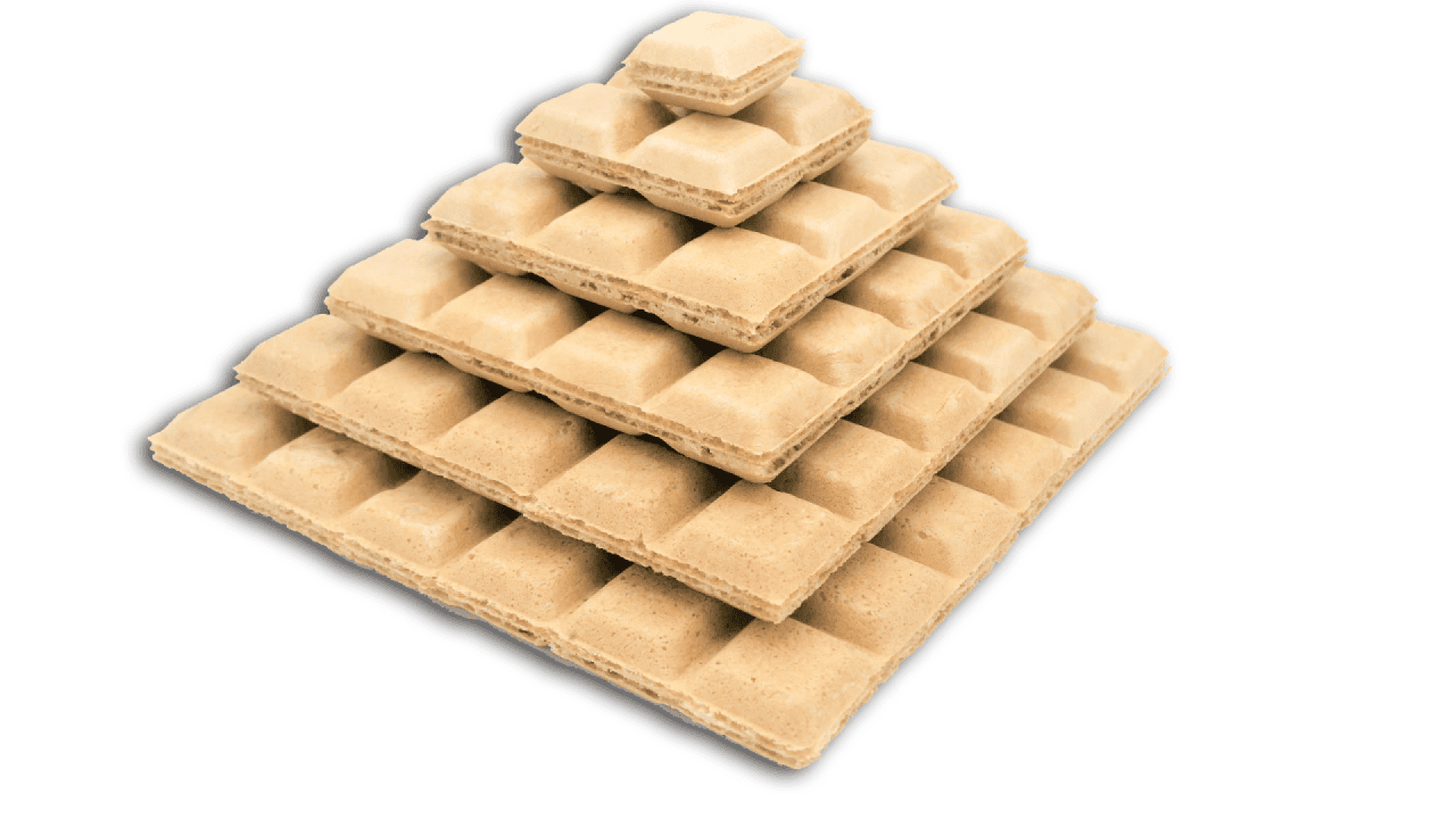 A pyramid made of stacked, tan-colored wafers, each layer smaller than the one below, resembling a geometric, edible structure on a white background.