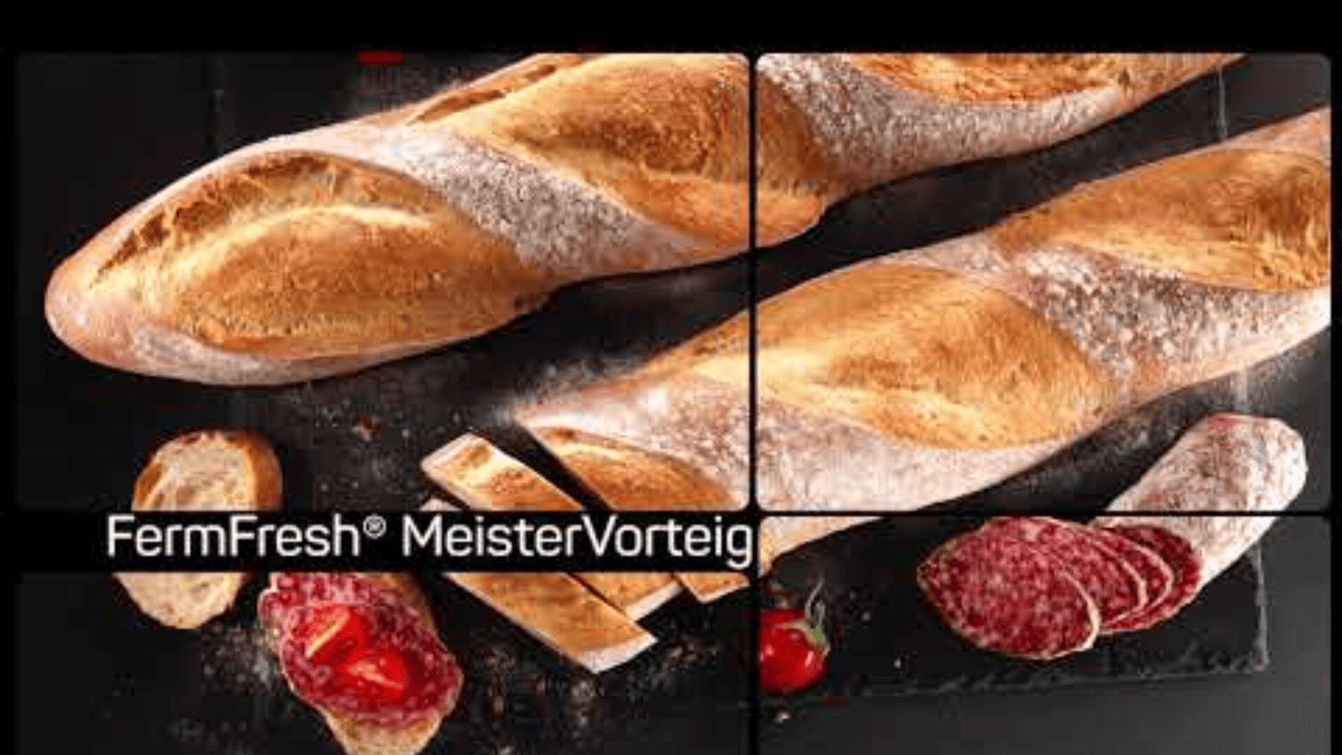 Two crusty baguettes on a dark surface, one sliced with pieces of bread, salami, and a slice topped with tomatoes. The text FermFresh® MeisterVorteig is overlaid on the image.